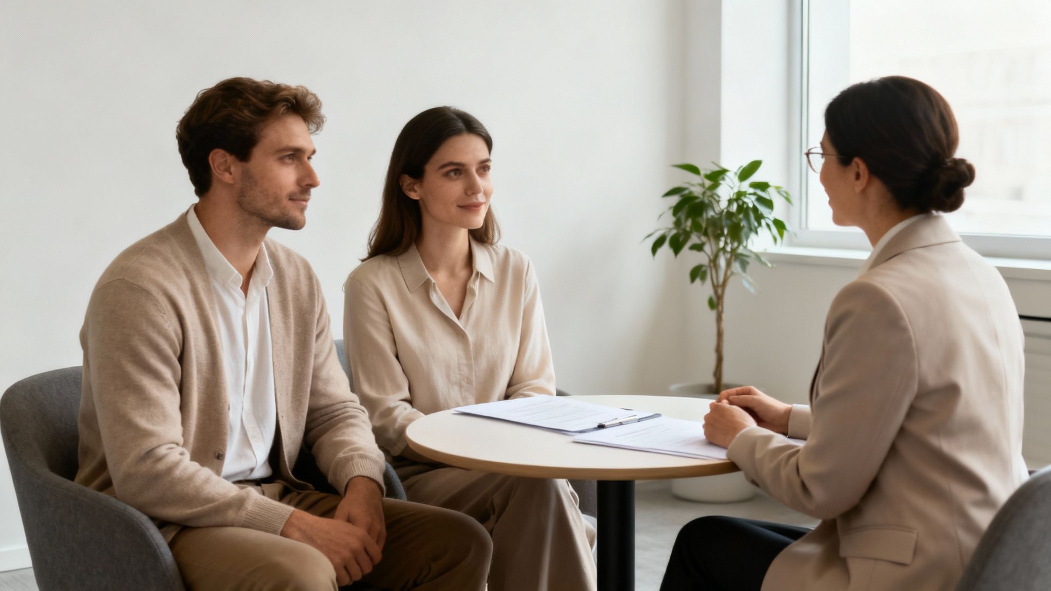 Pareja joven sentada con mediadora, discutiendo documentos en una oficina luminosa.