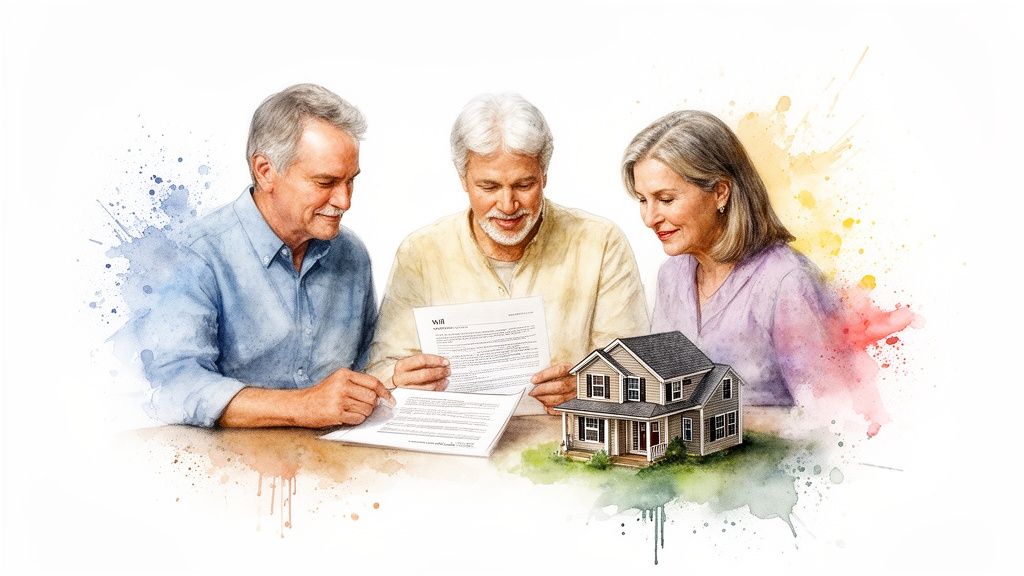 Three senior adults reviewing a will and legal documents next to a house model, watercolor art.