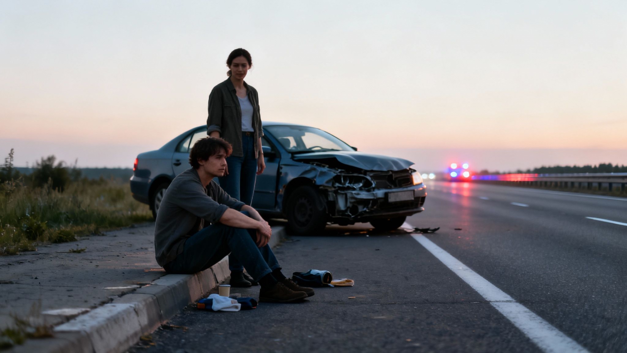 Two people at the scene of a car accident on a highway with police lights in the distance.