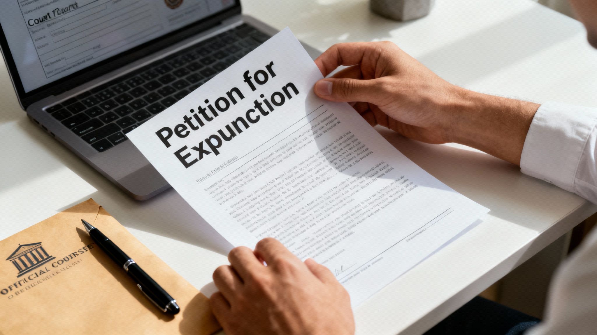 A person signing a legal document on a wooden desk