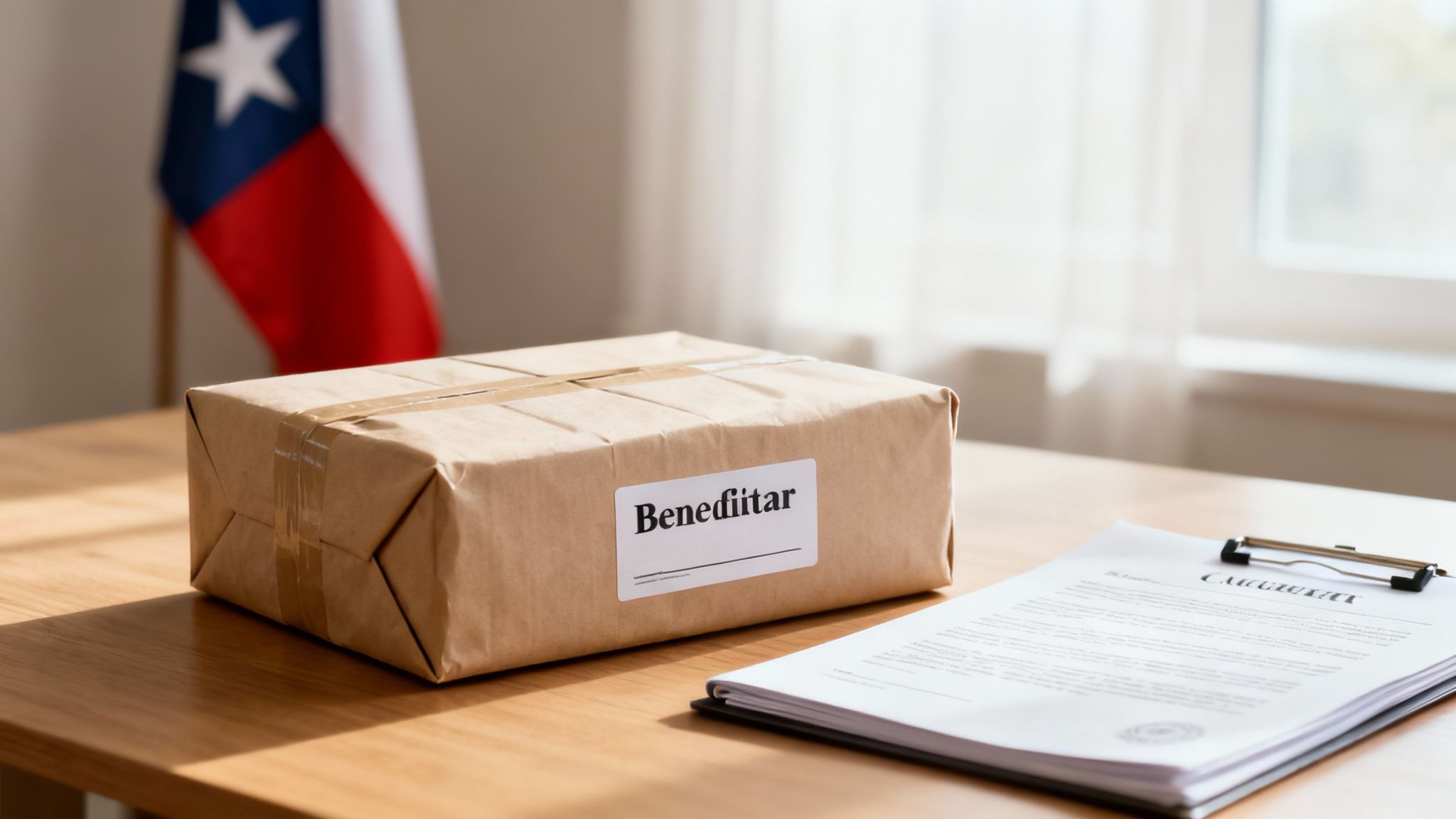 Package labeled "Beneficiar" on a table with legal documents, symbolizing non-probate assets in Texas estate planning.