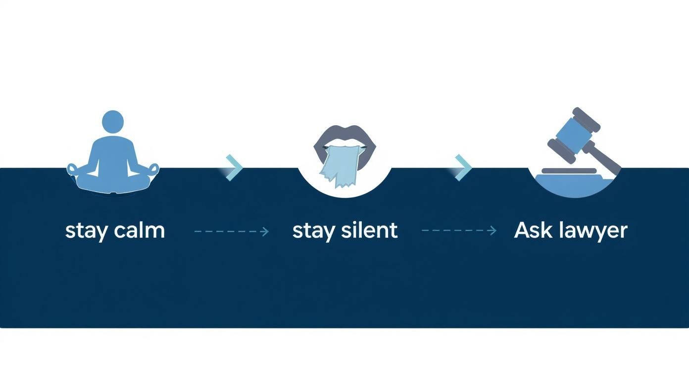 Flowchart illustrating key steps after an arrest: "stay calm," "stay silent," and "ask lawyer," emphasizing legal rights and support during the arrest process.