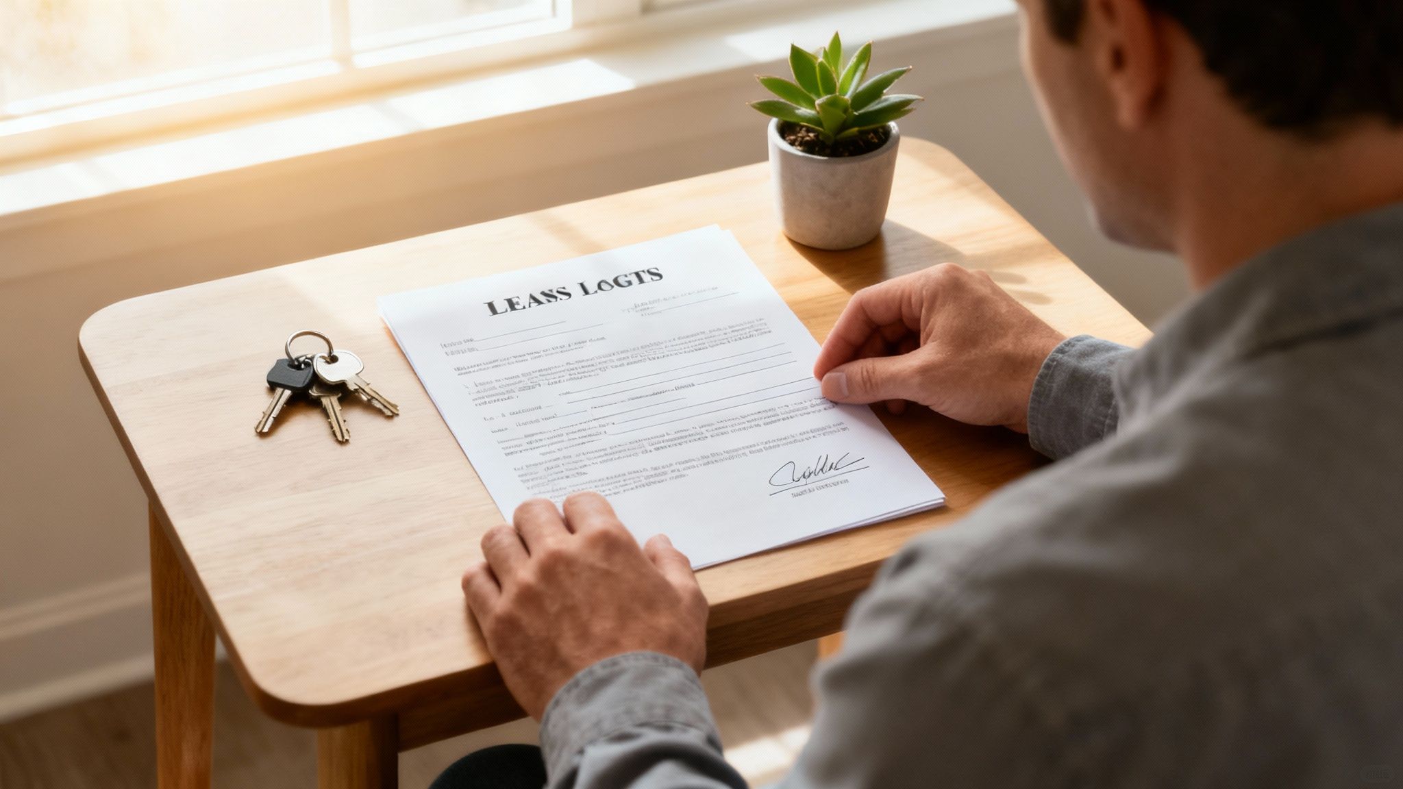 Man reviewing lease agreement on a table with keys and a small plant, symbolizing tenant rights and responsibilities in Texas after a landlord's death.