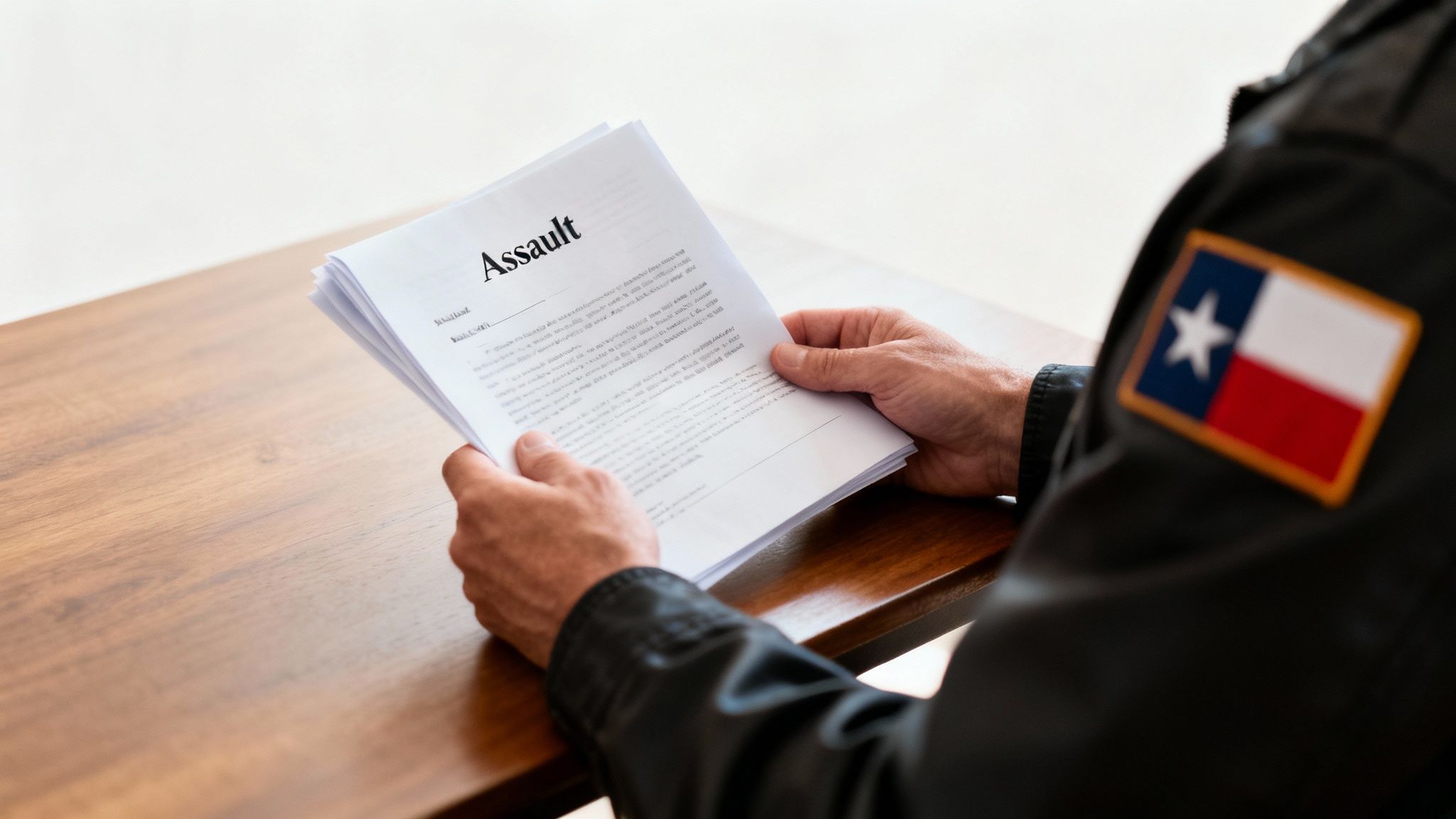 A person holding and reading a legal document titled "Assault" with a Texas flag patch.