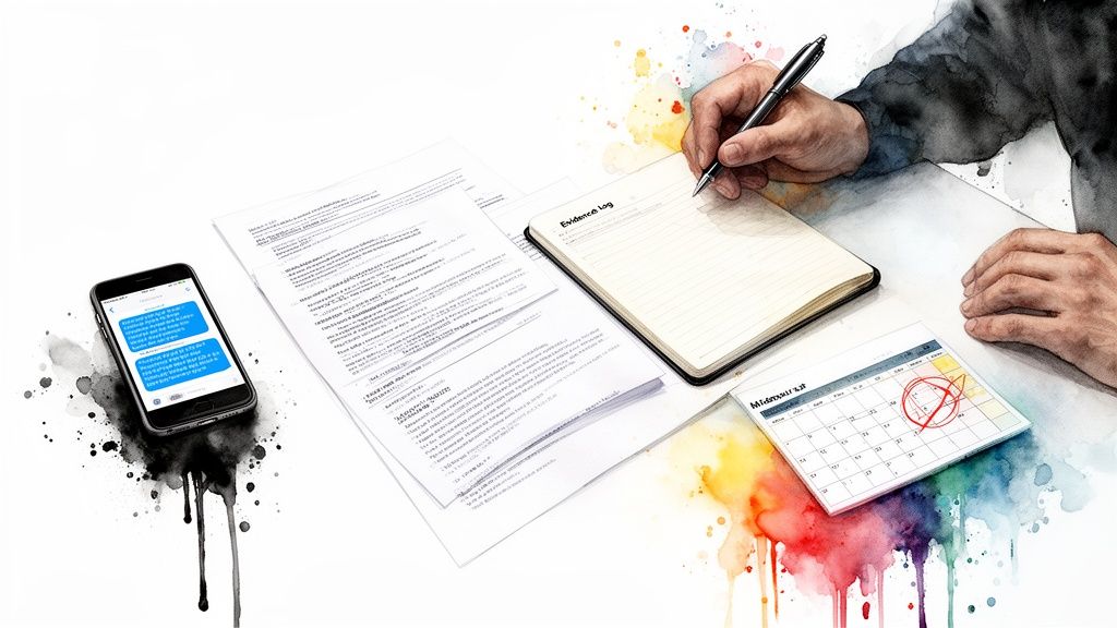 Person documenting evidence of parental alienation with a smartphone displaying text messages, a notepad labeled "Evidence log," printed documents, and a marked calendar, symbolizing the importance of detailed record-keeping in family law cases.