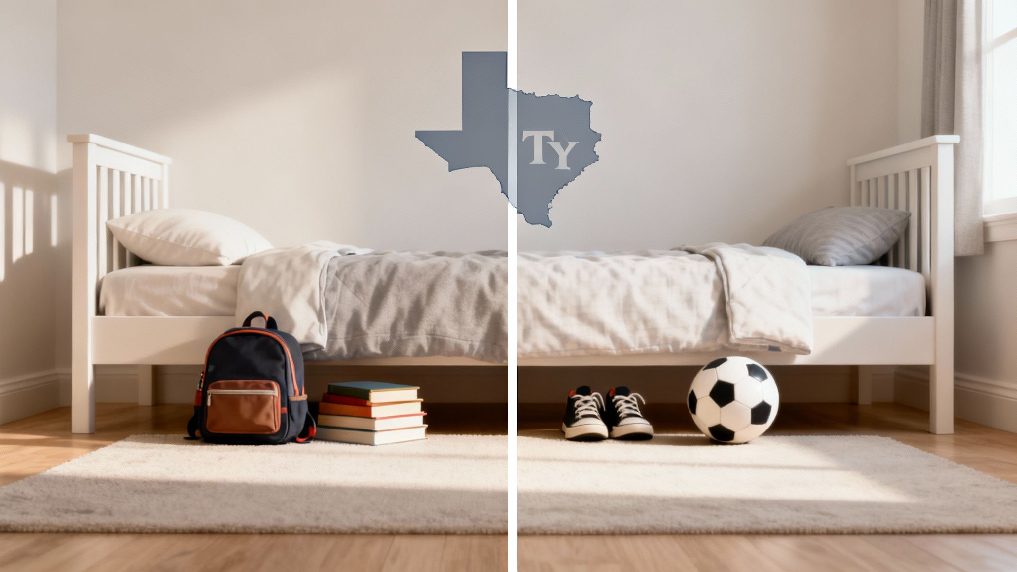 A split image of a child's bedroom showing school supplies and sports gear, with a Texas map.