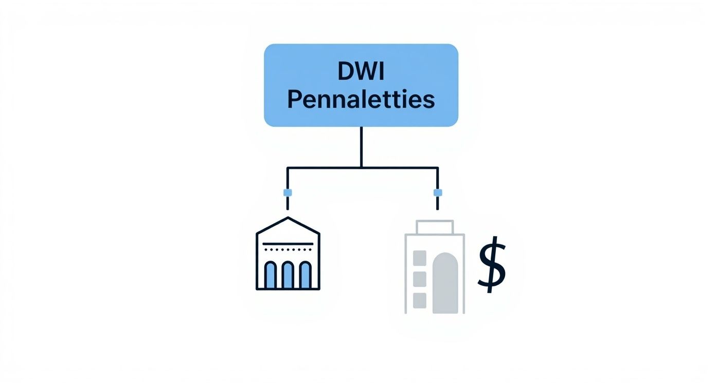 DWI penalties flowchart illustrating legal consequences and financial impacts of DWI charges in Texas.