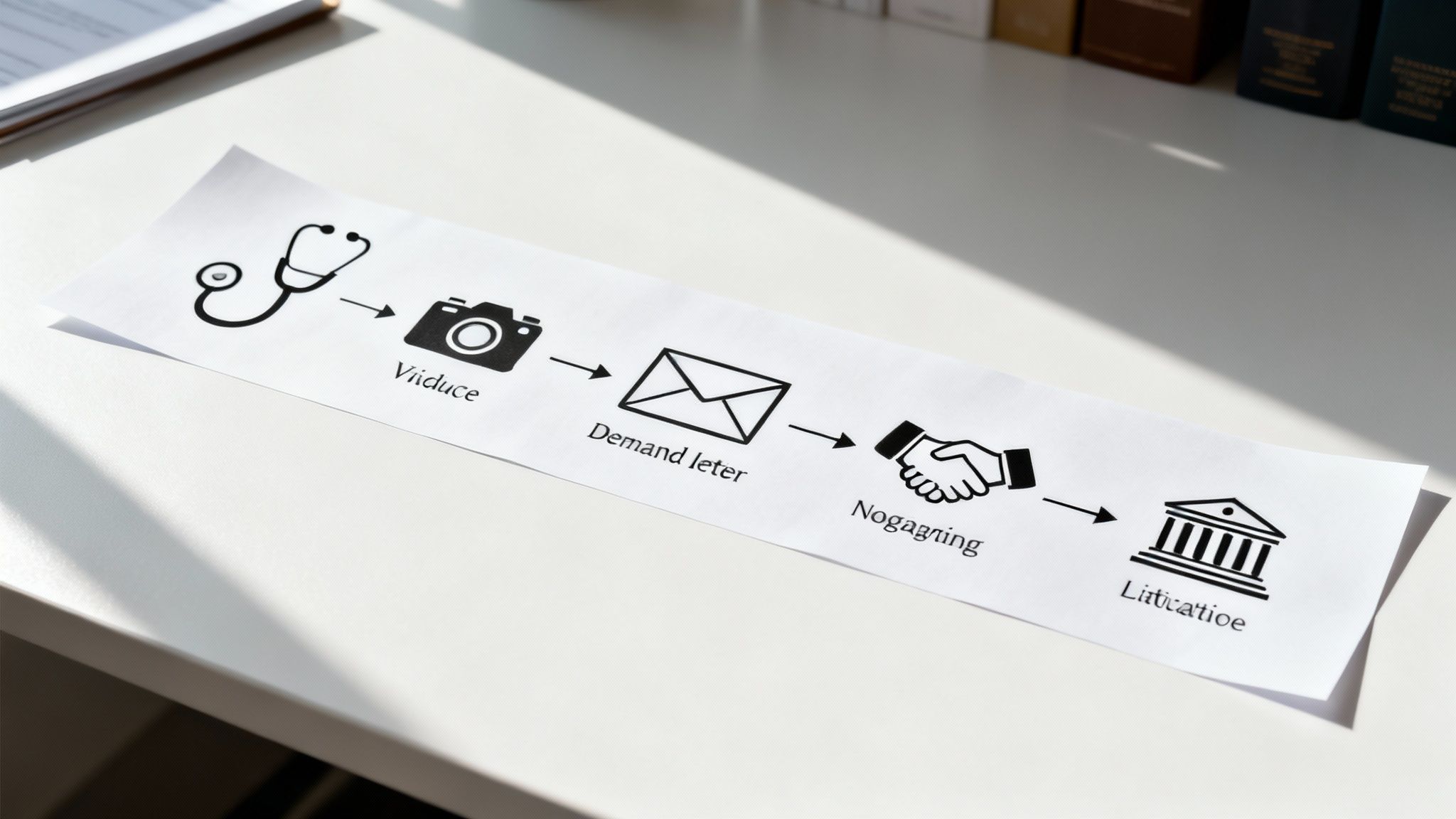A flowchart on paper illustrating the steps of a legal or medical process: examination, evidence, demand, negotiation, and litigation.