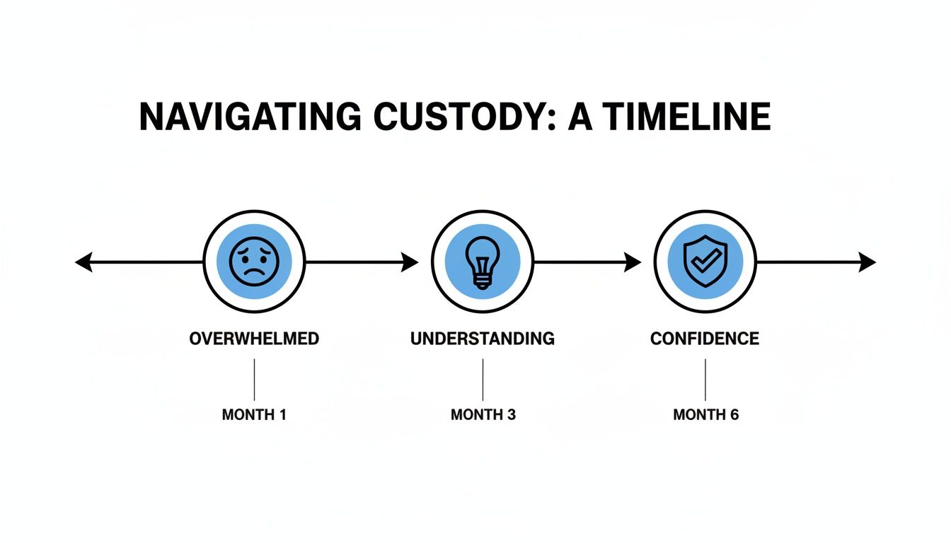 A timeline showing the emotional journey of navigating custody, from feeling overwhelmed to confidence.