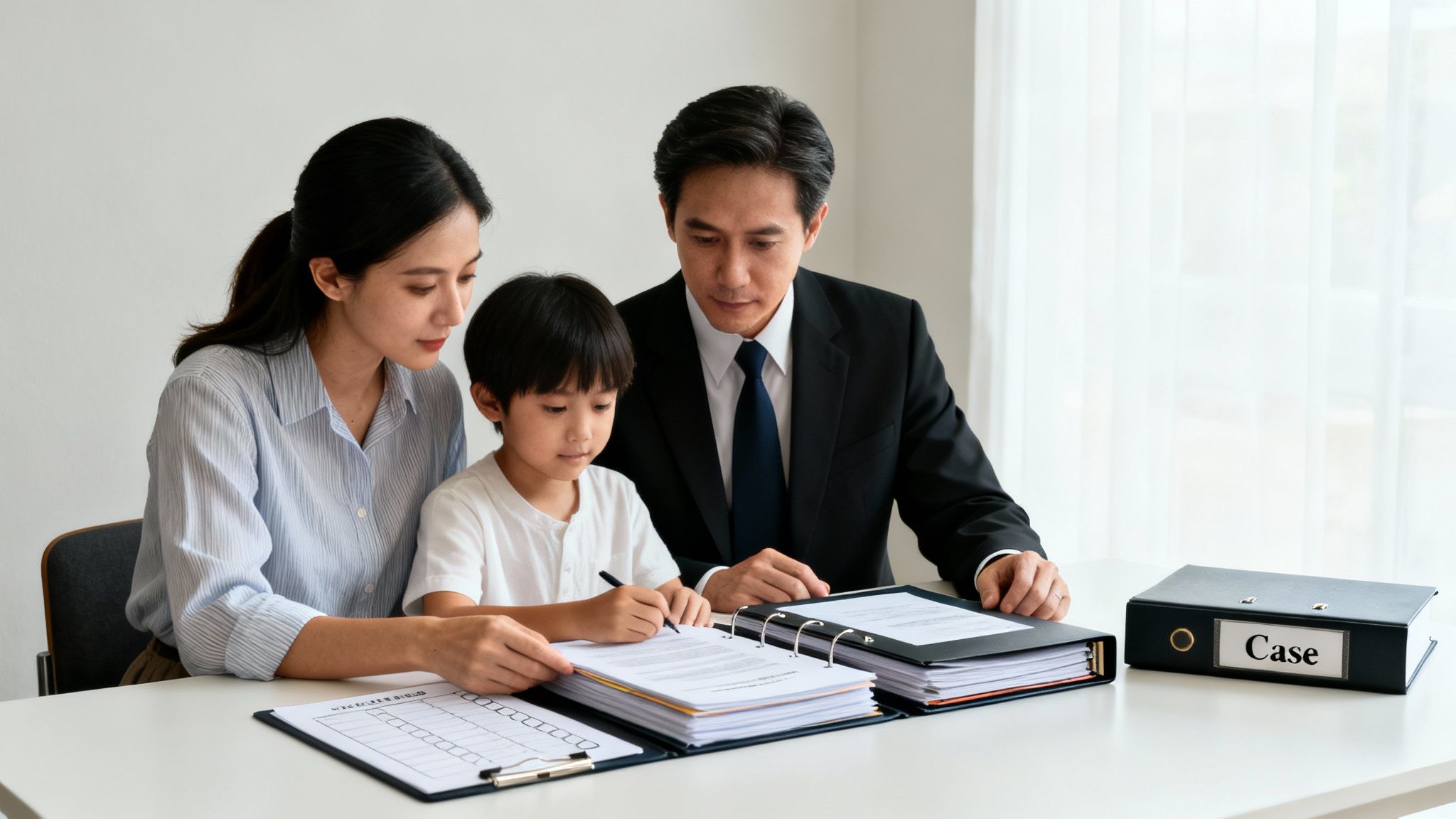 A family, including a mother, child, and a lawyer, reviews legal documents at a desk.