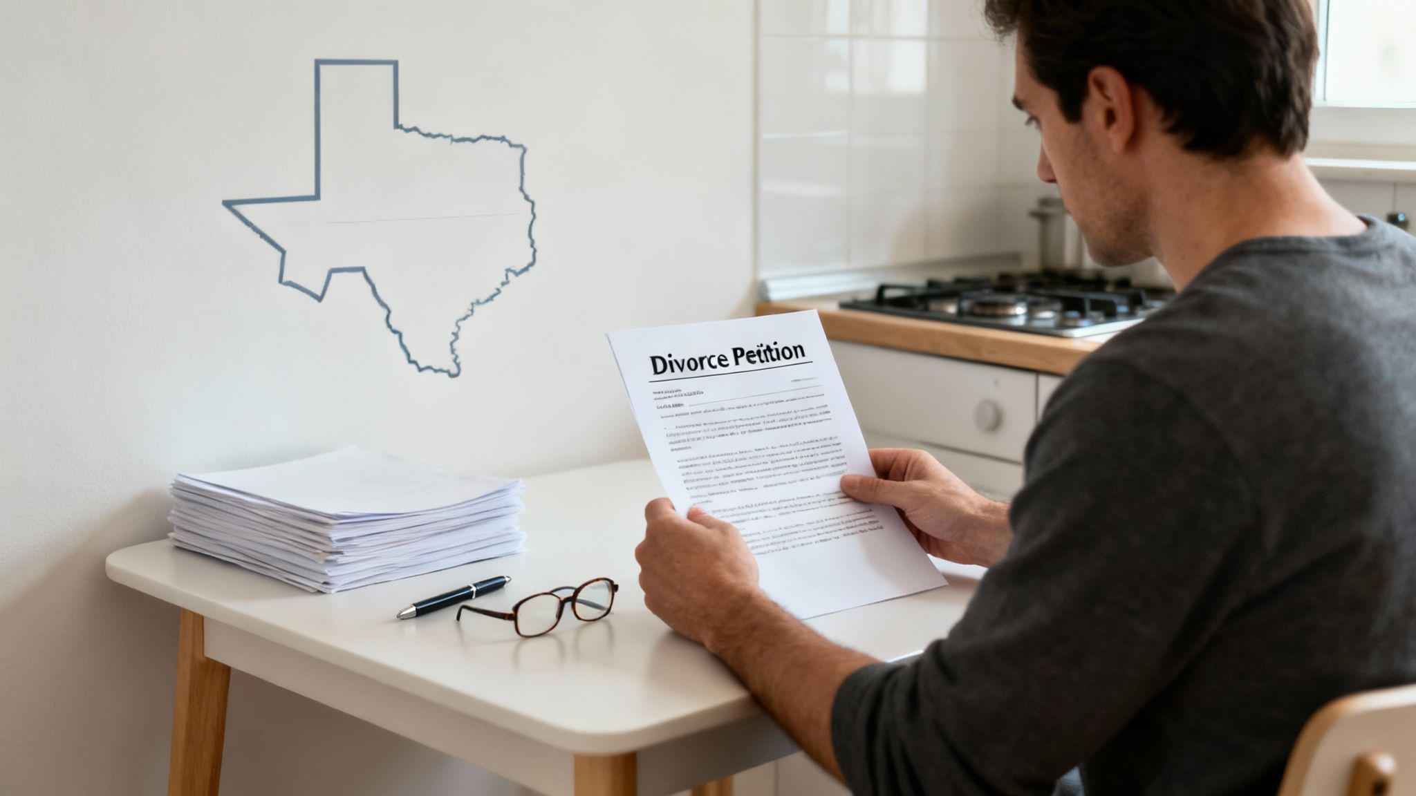 A man reads a divorce petition document at a table, with a map of Texas in the background.