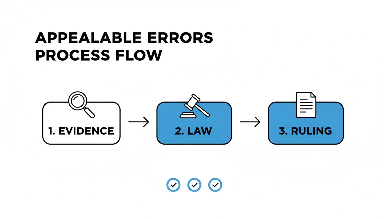 A process flow chart illustrating appealable errors, with steps for evidence, law, and ruling.