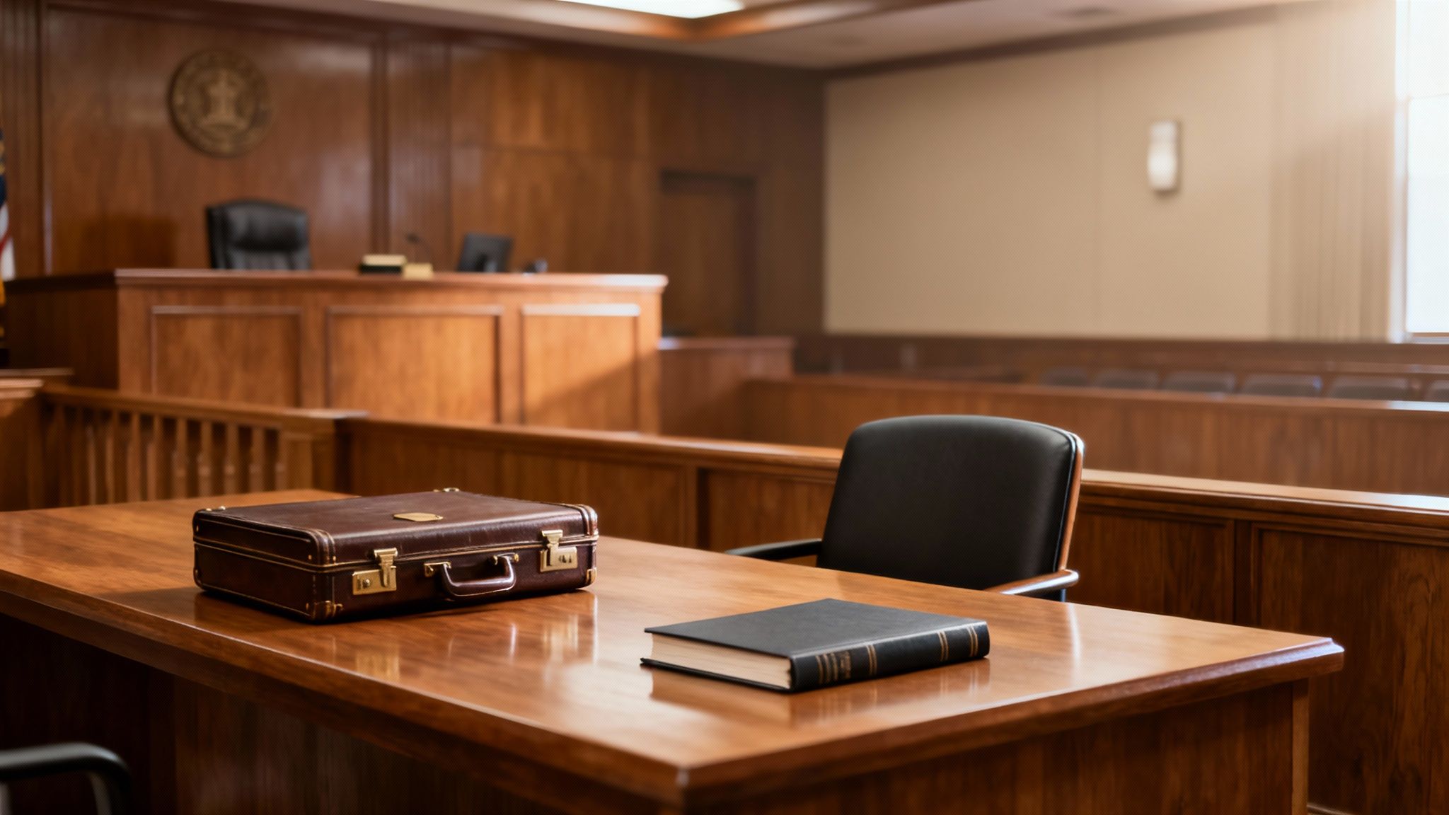 Courtroom interior featuring a wooden judge's bench, empty black chair, briefcase, and legal book, symbolizing the legal process and plea negotiations in Texas criminal defense.