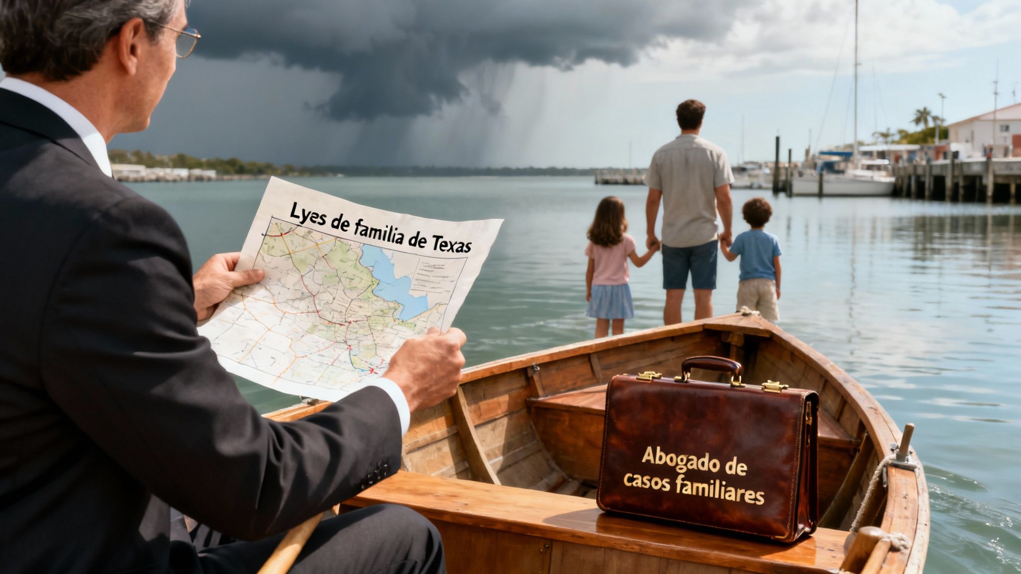 Abogado en un barco con mapa de leyes de familia de Texas, viendo a padre e hijos en la orilla con tormenta.