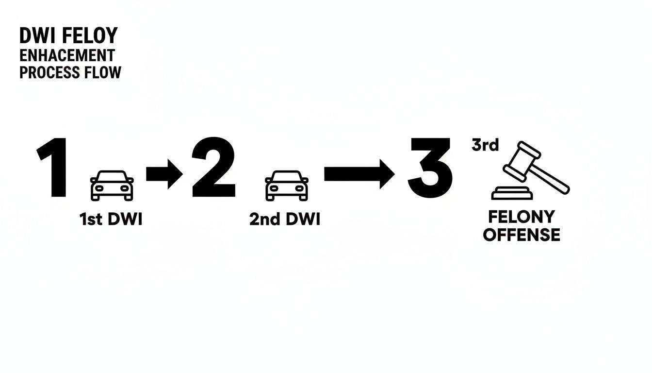 DWI felony enhancement process flowchart illustrating the progression from 1st DWI to 2nd DWI and culminating in a 3rd DWI felony offense with gavel icon.