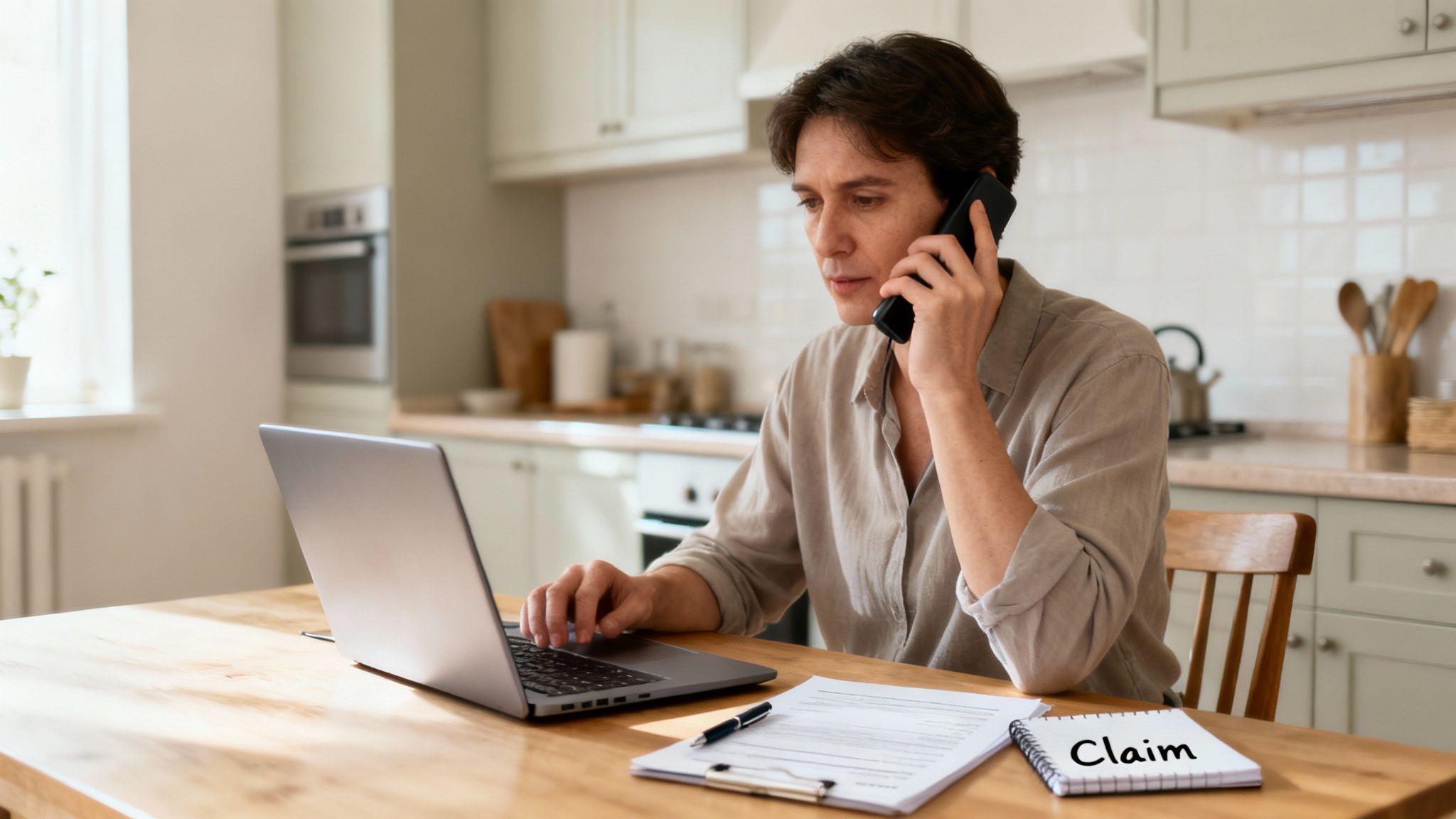 An empathetic insurance agent reviewing a car accident claim file with a client.