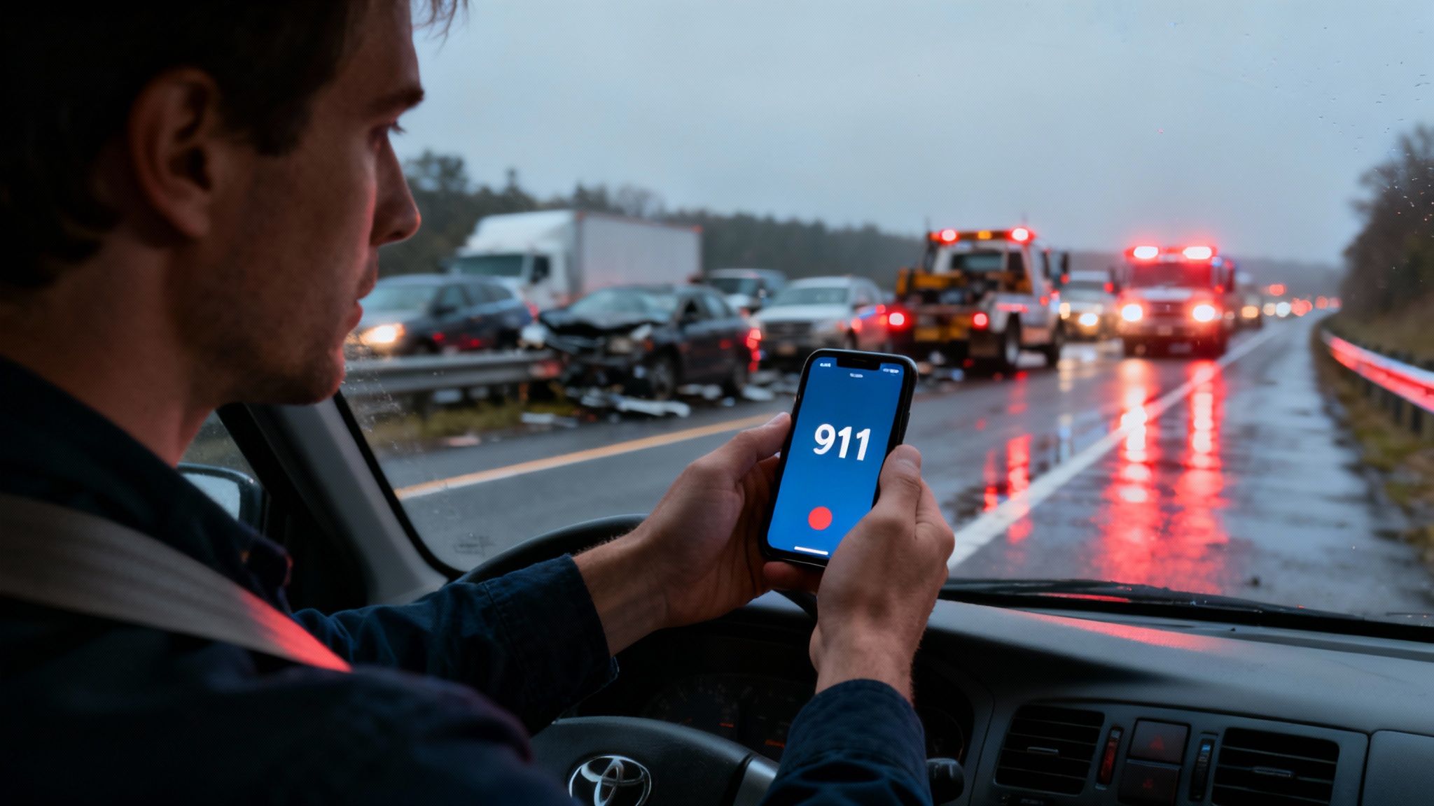 A person taking a picture of car damage with their smartphone after an accident.