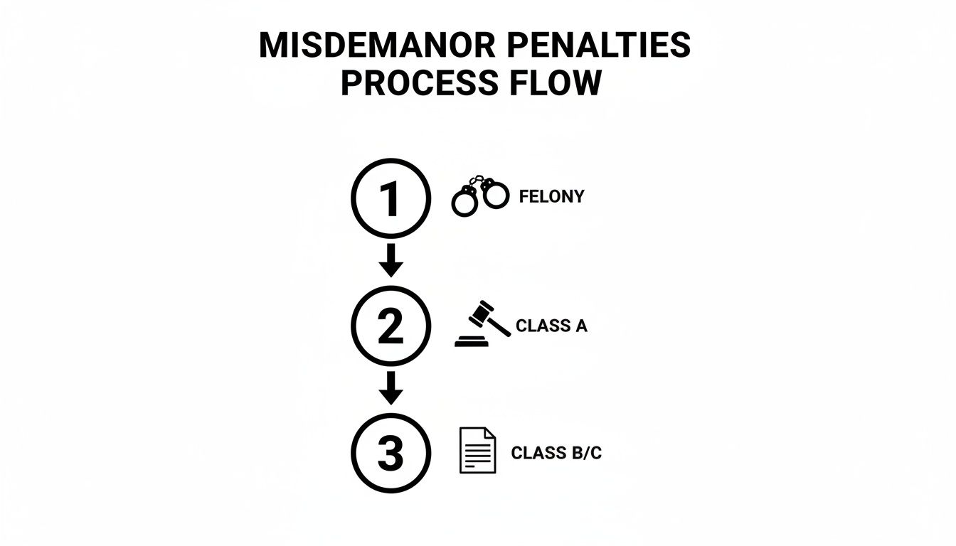 Flowchart illustrating misdemeanor penalties process with steps for felony, Class A, and Class B/C offenses.
