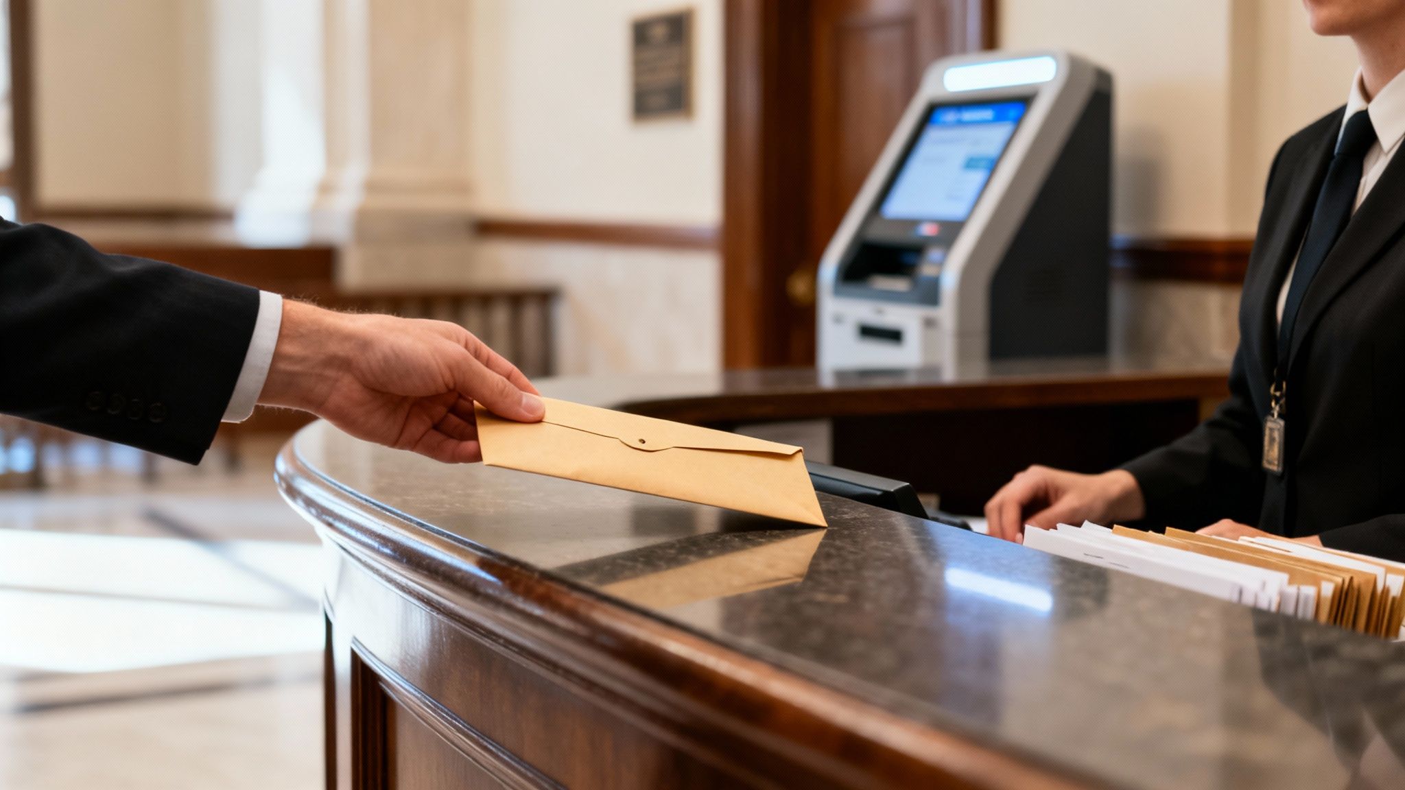 Person in a suit handing an envelope to a receptionist at a legal office, symbolizing the process of responding to a divorce petition in Texas.