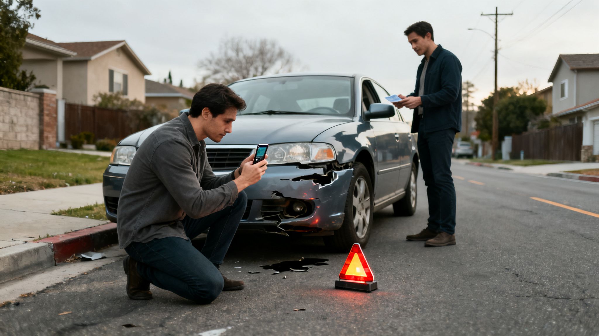 Two men document a car accident on a suburban street. One takes photos with his phone, the other holds papers.