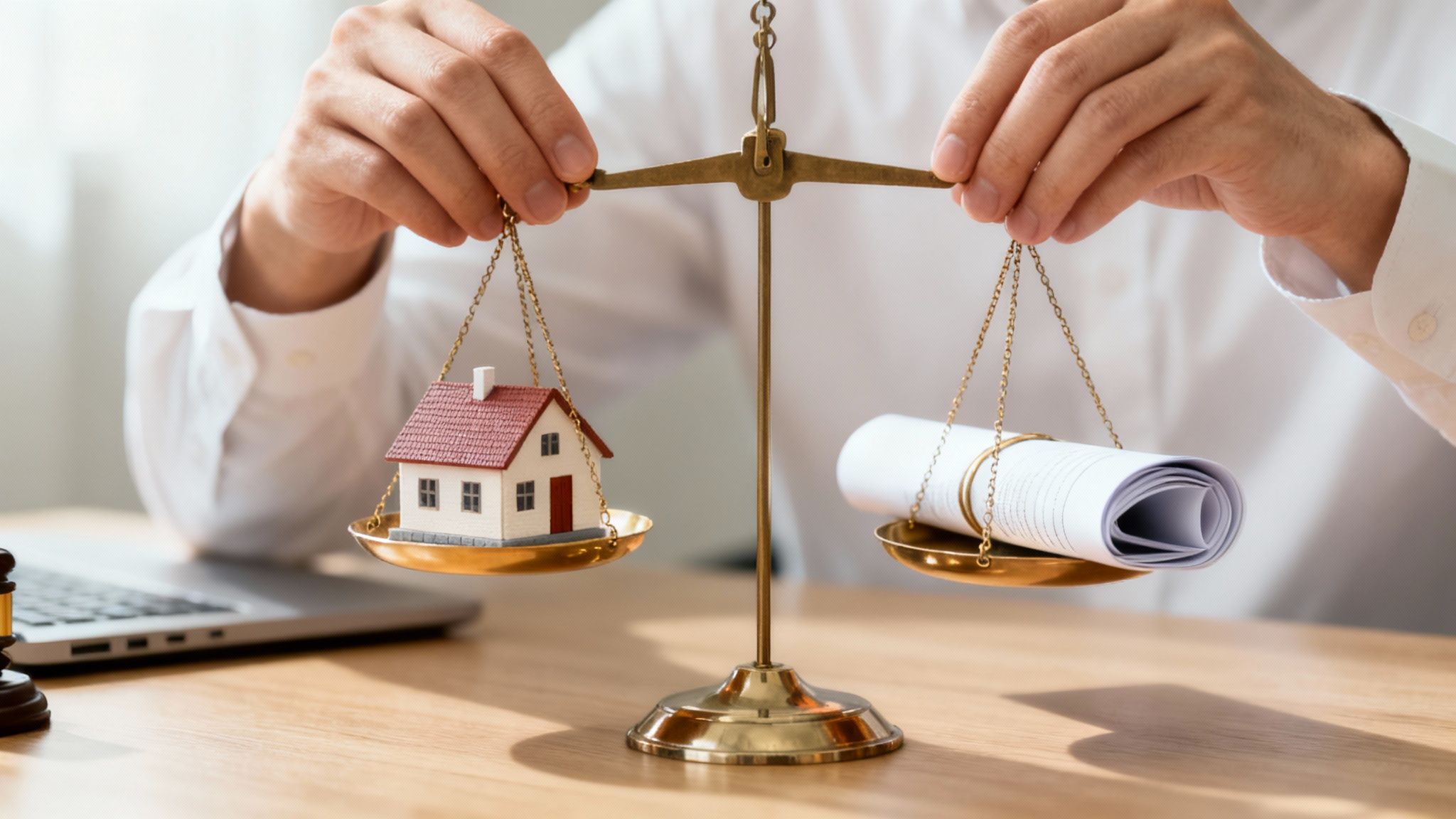 A person holds a brass scale balancing a miniature house and rolled legal documents.