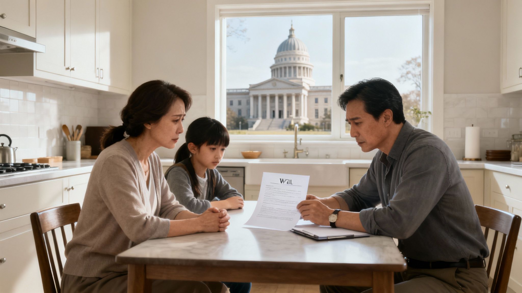 Family discussing a will at a kitchen table, with a view of a courthouse in the background, emphasizing estate planning and the probate process.