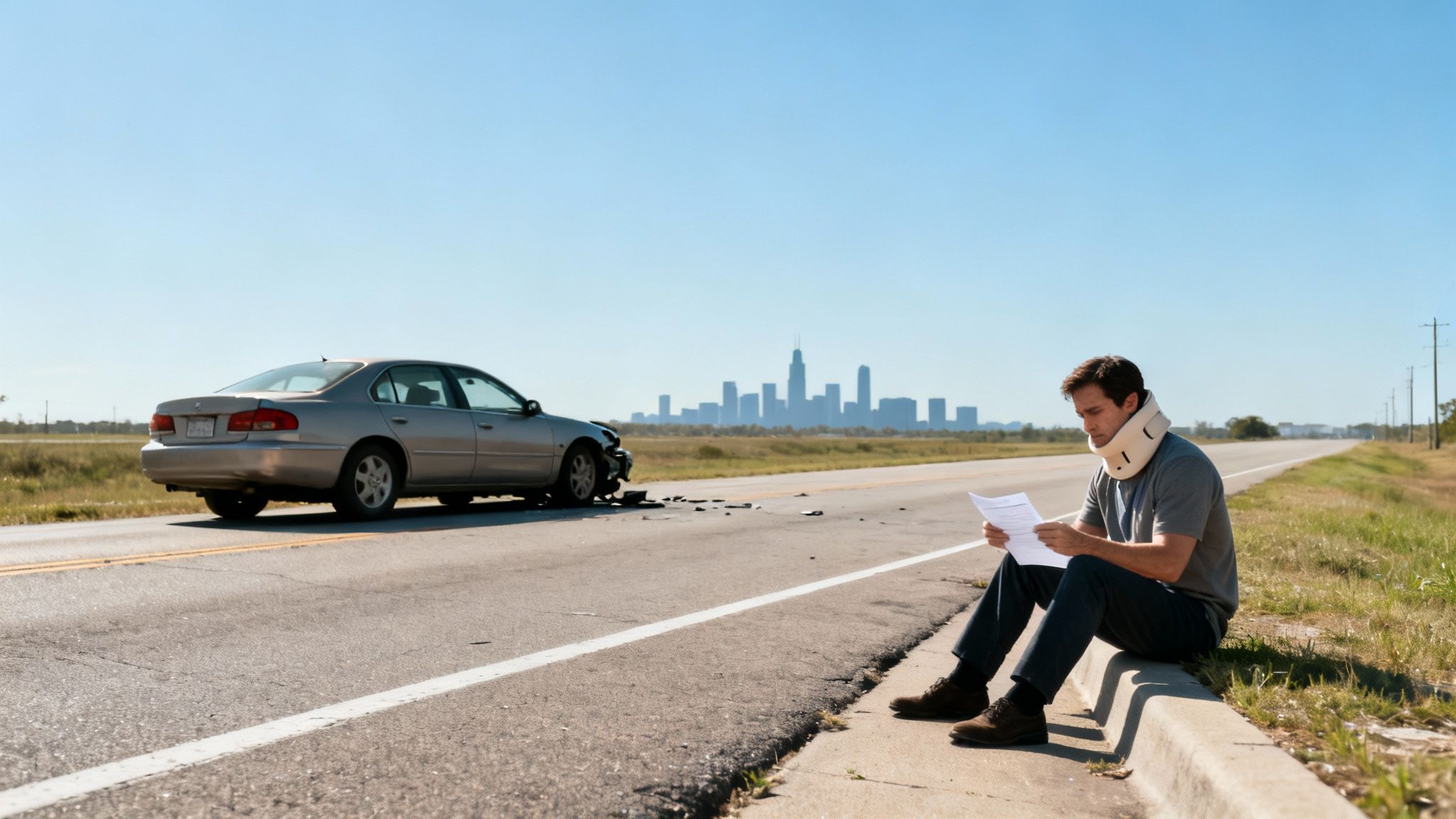 A man in a neck brace sits on the roadside by a crashed car, reviewing papers, with a city skyline in the distance.