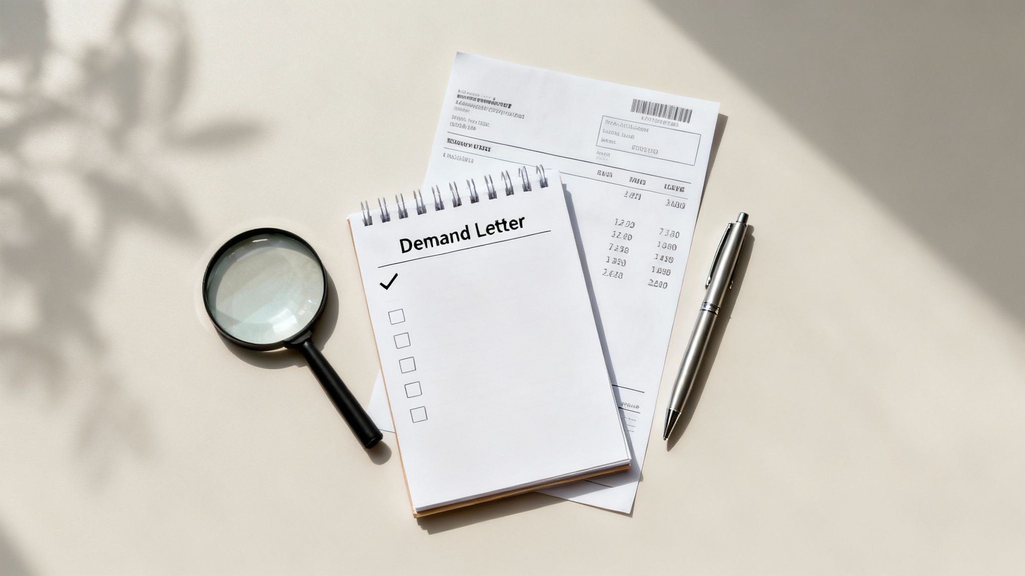 Notebook titled "Demand Letter" with a checklist, magnifying glass, pen, and printed documents, emphasizing the importance of clarity and professionalism in drafting demand letters for Texas tenants.