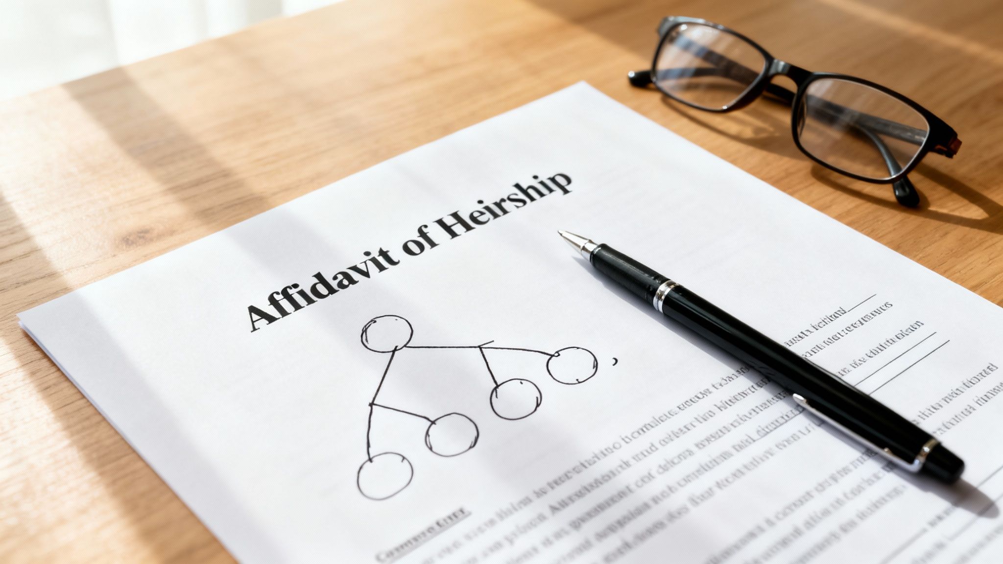 Close-up of an 'Affidavit of Heirship' document with a pen, glasses, and a family tree on a wooden desk.