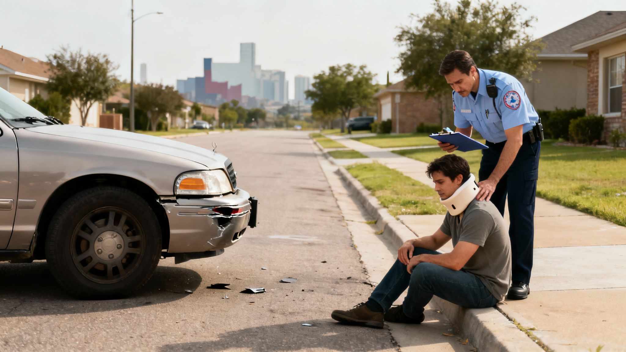 A police officer talks to a man in a neck brace sitting on the curb after a car accident.