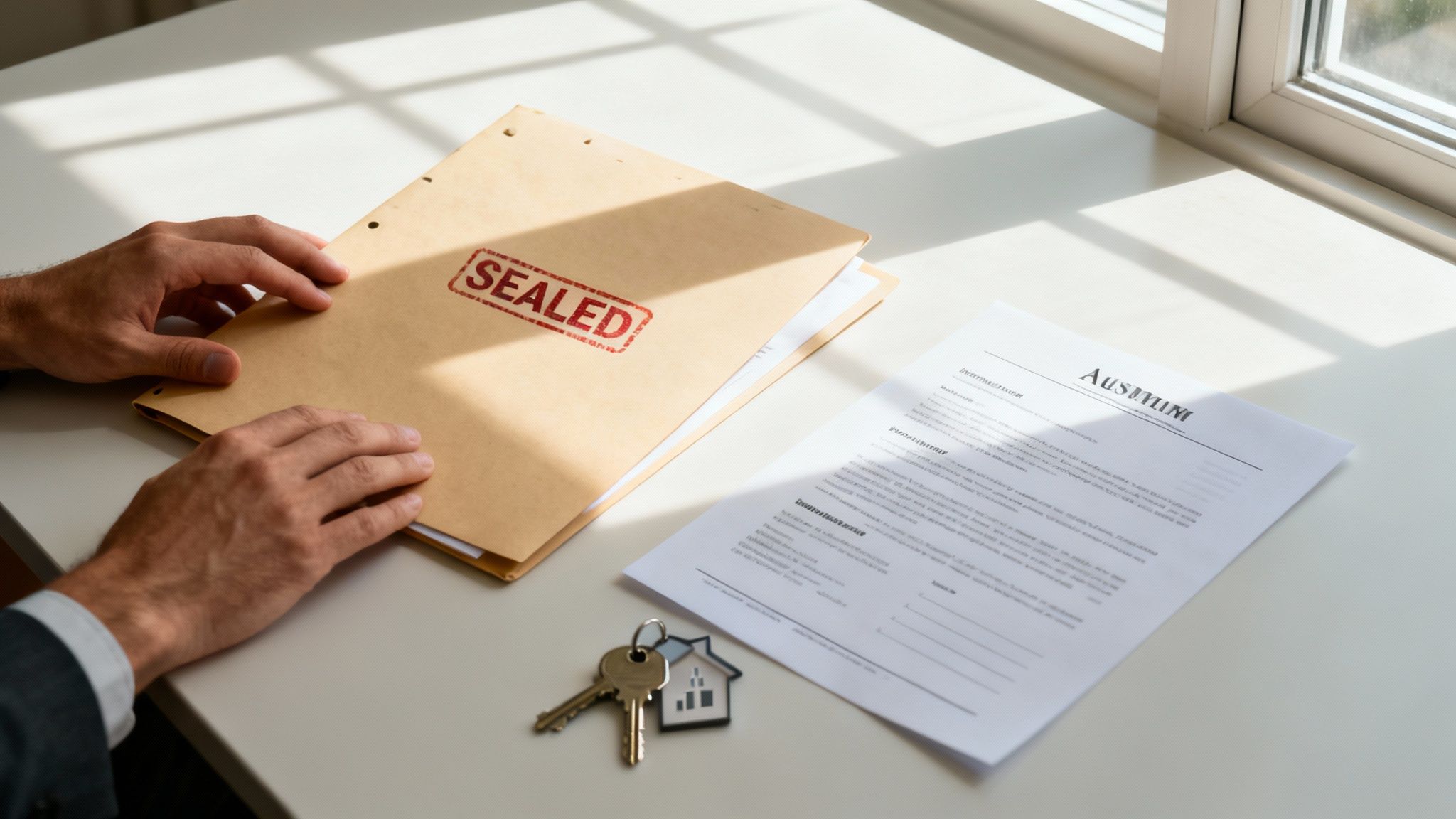 Hands holding a sealed folder, with keys and a house keychain next to a document on a table.