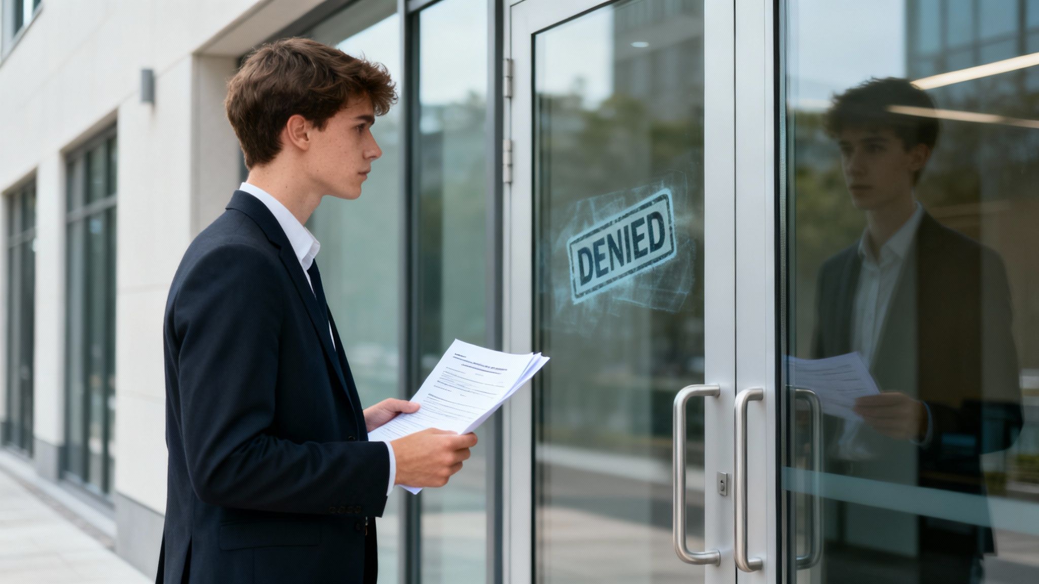 Young man in business attire holding legal documents, standing in front of a glass door with a "DENIED" stamp, symbolizing the challenges faced by individuals with misdemeanor records in employment and housing applications.