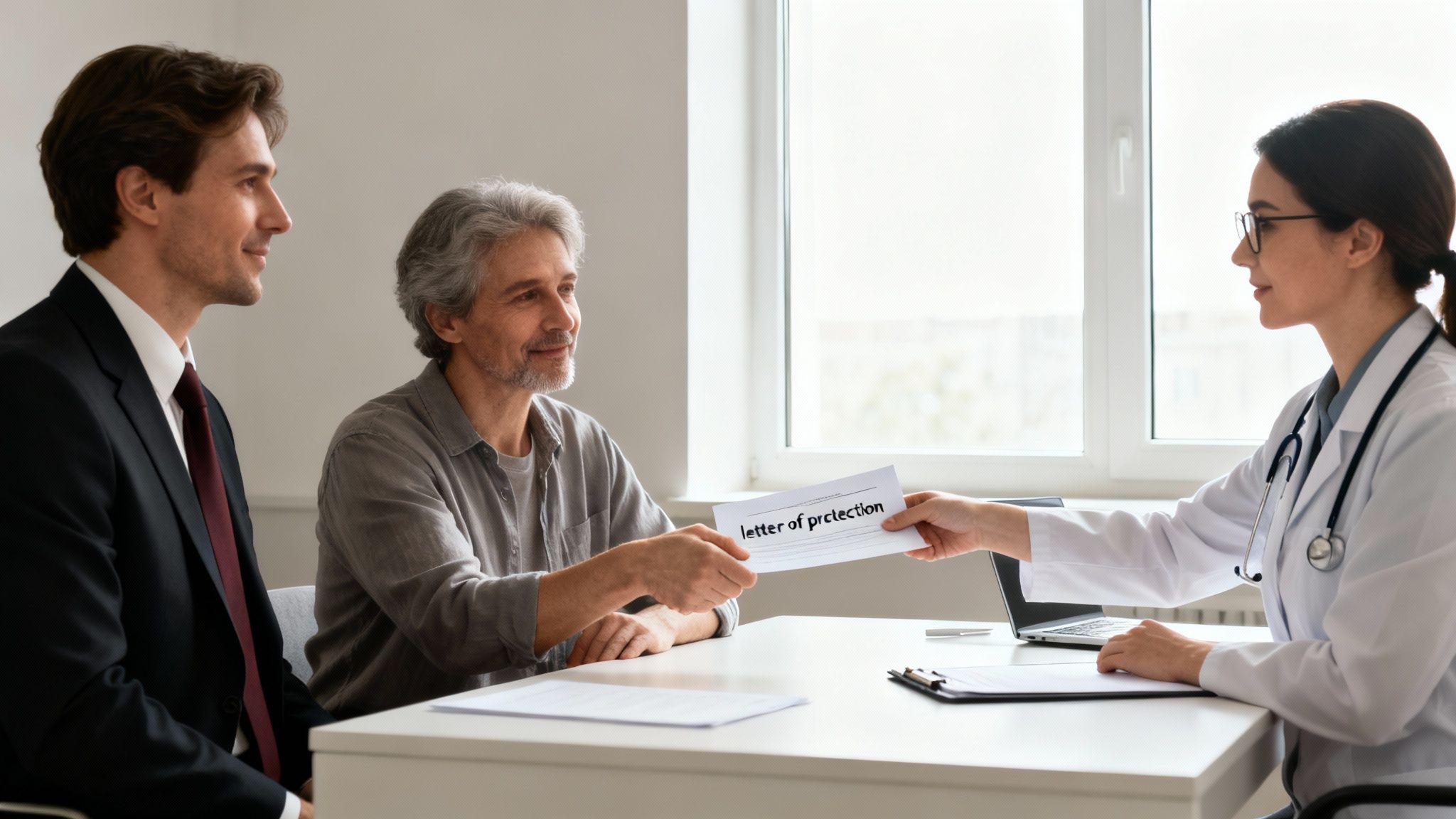 Medical professional provides a letter of protection to a smiling male patient and a companion.