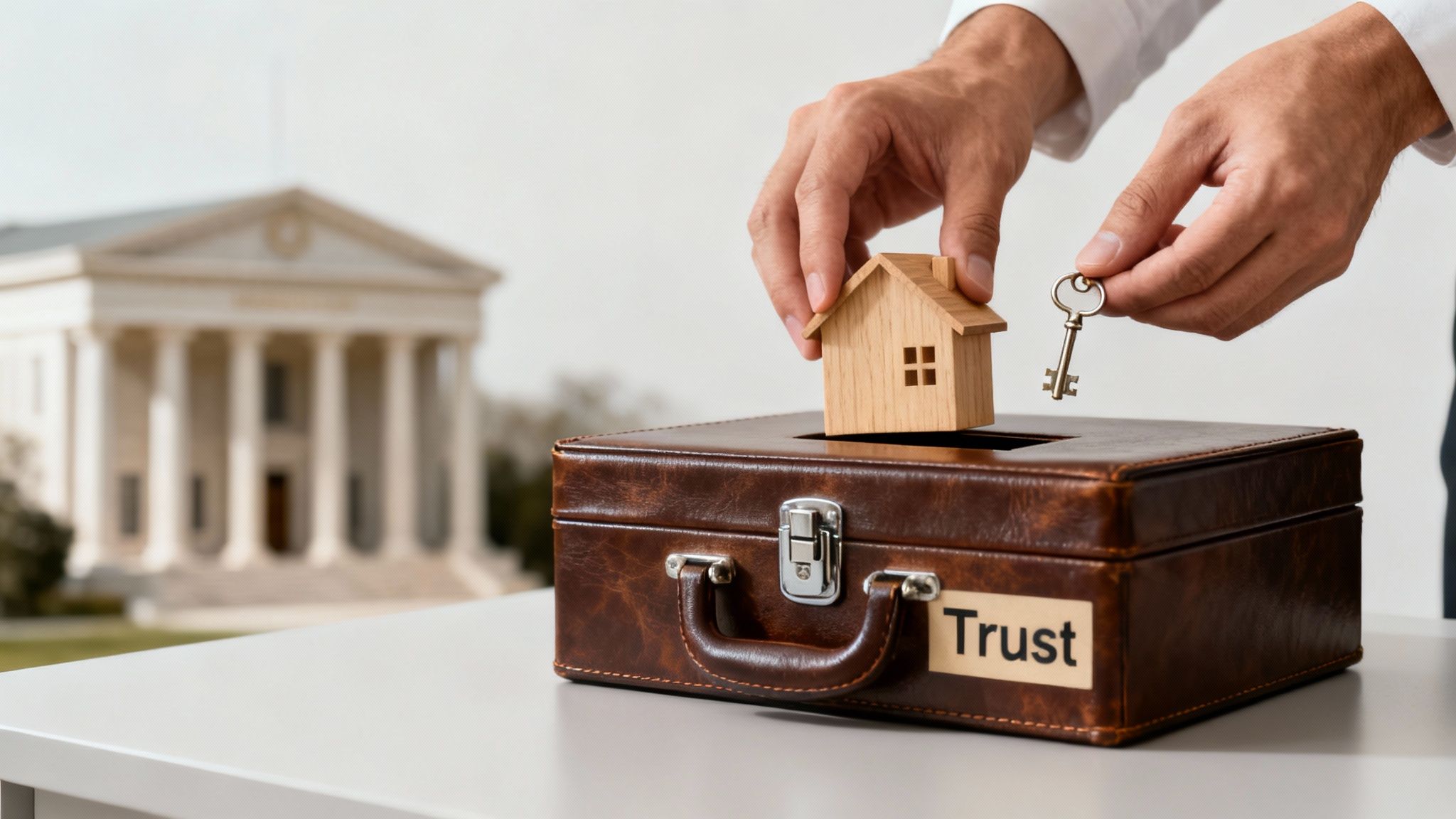 Hands placing a wooden house and key into a 'Trust' box, with a courthouse building in the background.