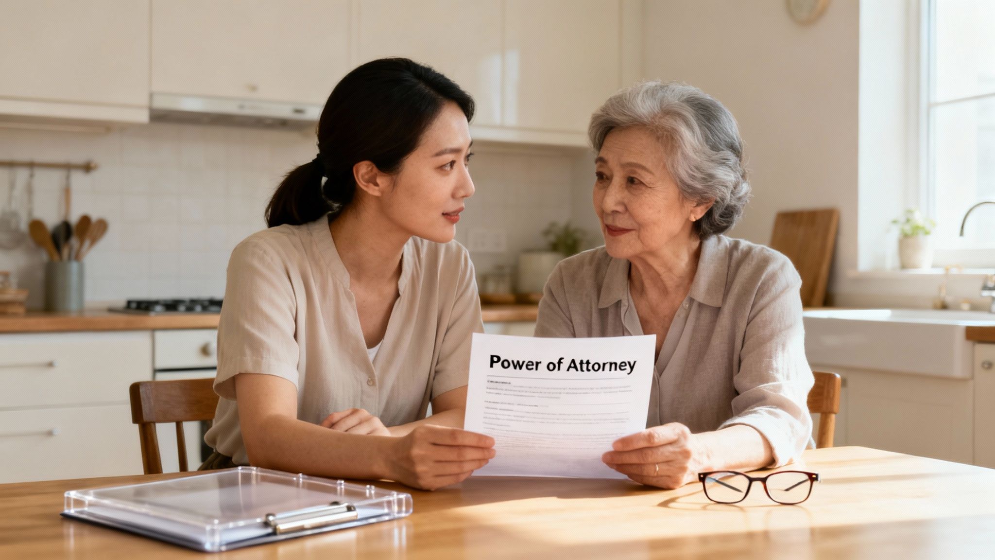Two Asian women, one young and one elder, discuss a Power of Attorney document at a kitchen table.