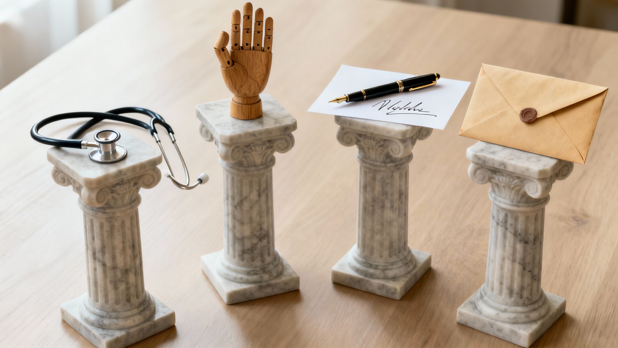 Stethoscope representing health, wooden hand symbolizing testamentary capacity, pen and paper illustrating legal documentation, and sealed envelope on marble columns, emphasizing legal foundations for contesting a will in Texas.