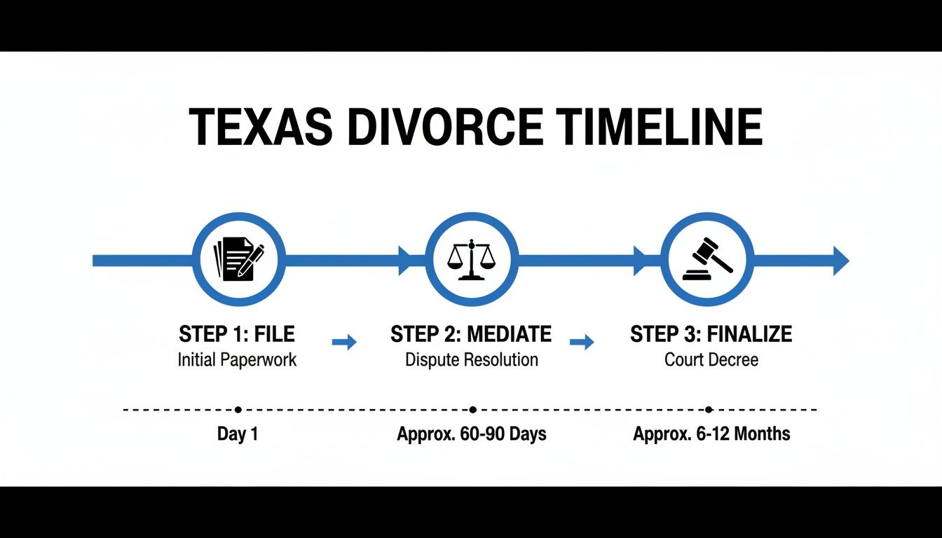 Infographic showing the Texas divorce timeline, detailing steps like filing, mediation, and finalization with estimated durations.