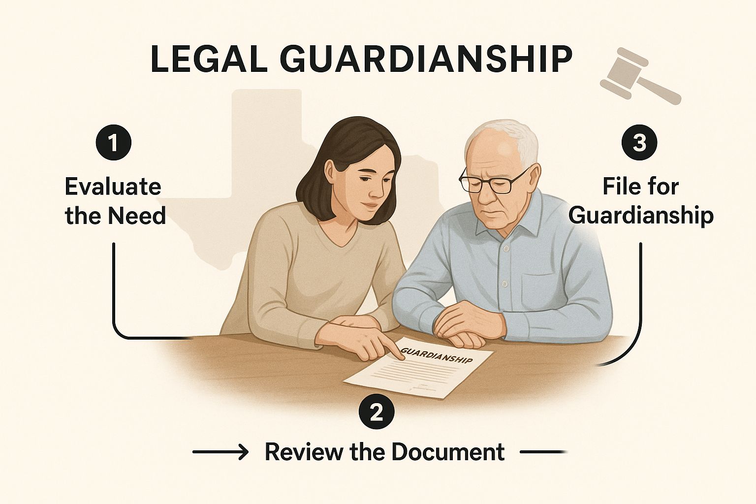 Woman and elderly man discussing legal guardianship paperwork, with steps labeled: "Evaluate the Need," "Review the Document," and "File for Guardianship," Texas outline in background.