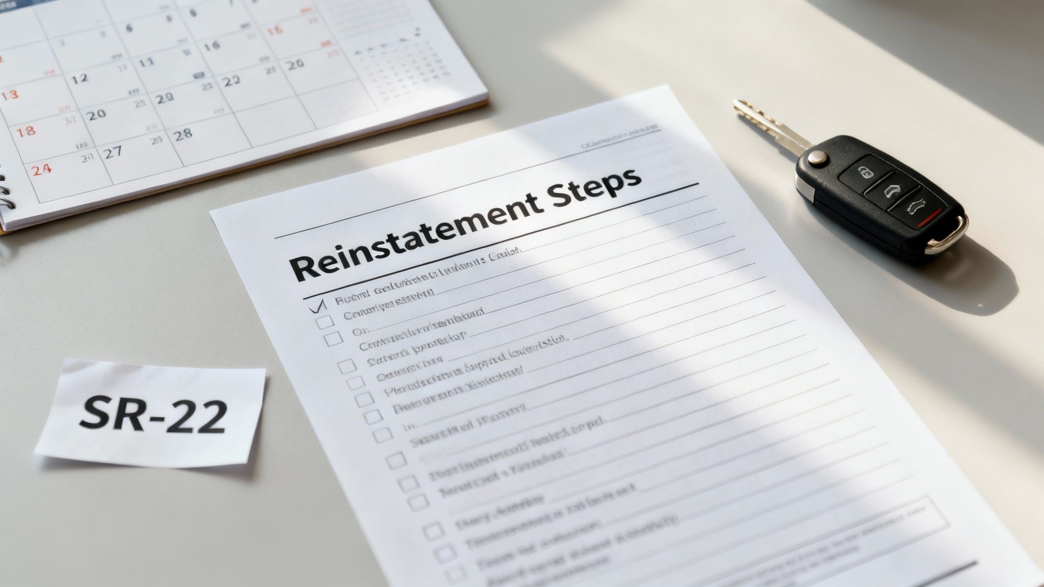 Desk with 'Reinstatement Steps' document, SR-22 paper, calendar, and car key.