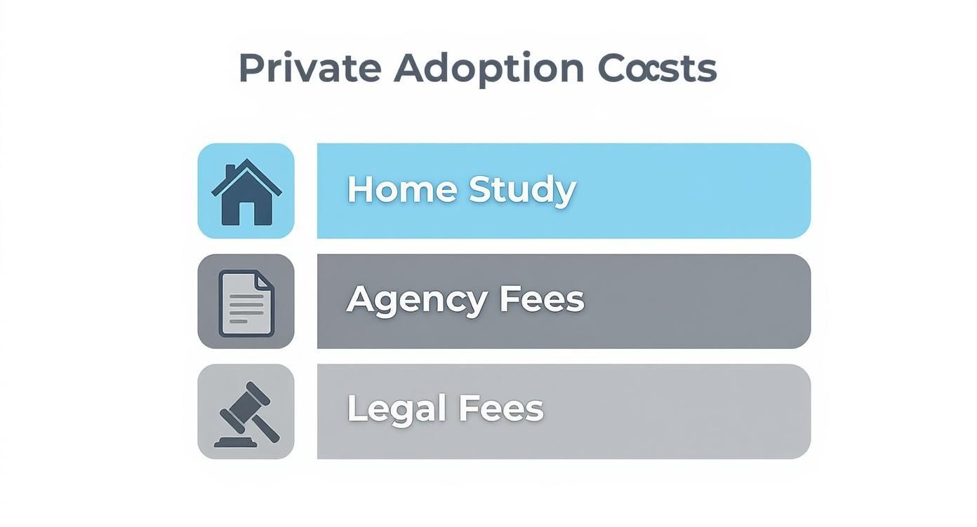 A graphic outlining private adoption costs, including home study, agency fees, and legal fees.