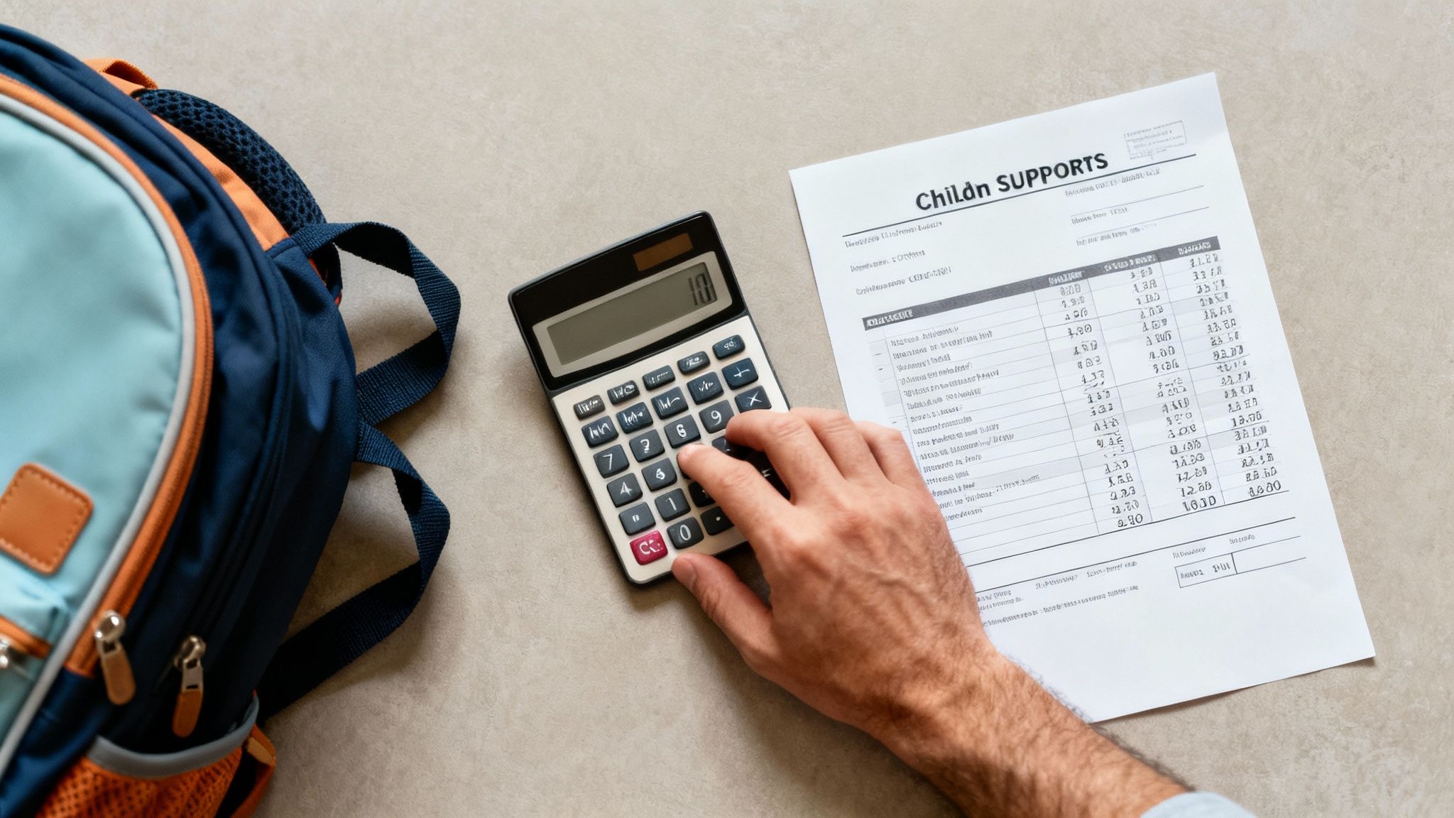 A person's hand calculating child support payments on a calculator next to a child's backpack.