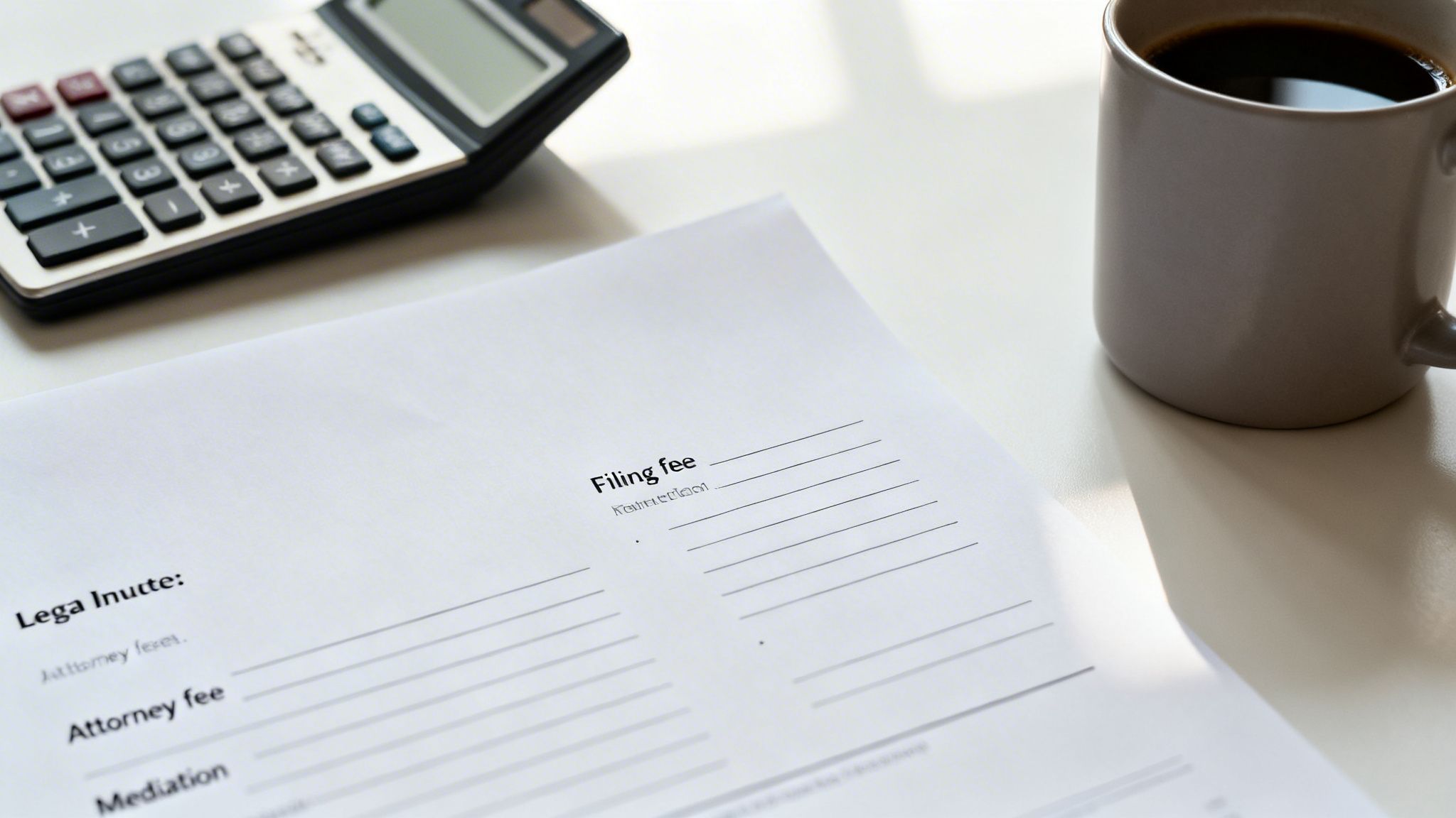 A calculator, coffee mug, and a legal document with 'Filing fee' and 'Attorney fee' on a white desk.