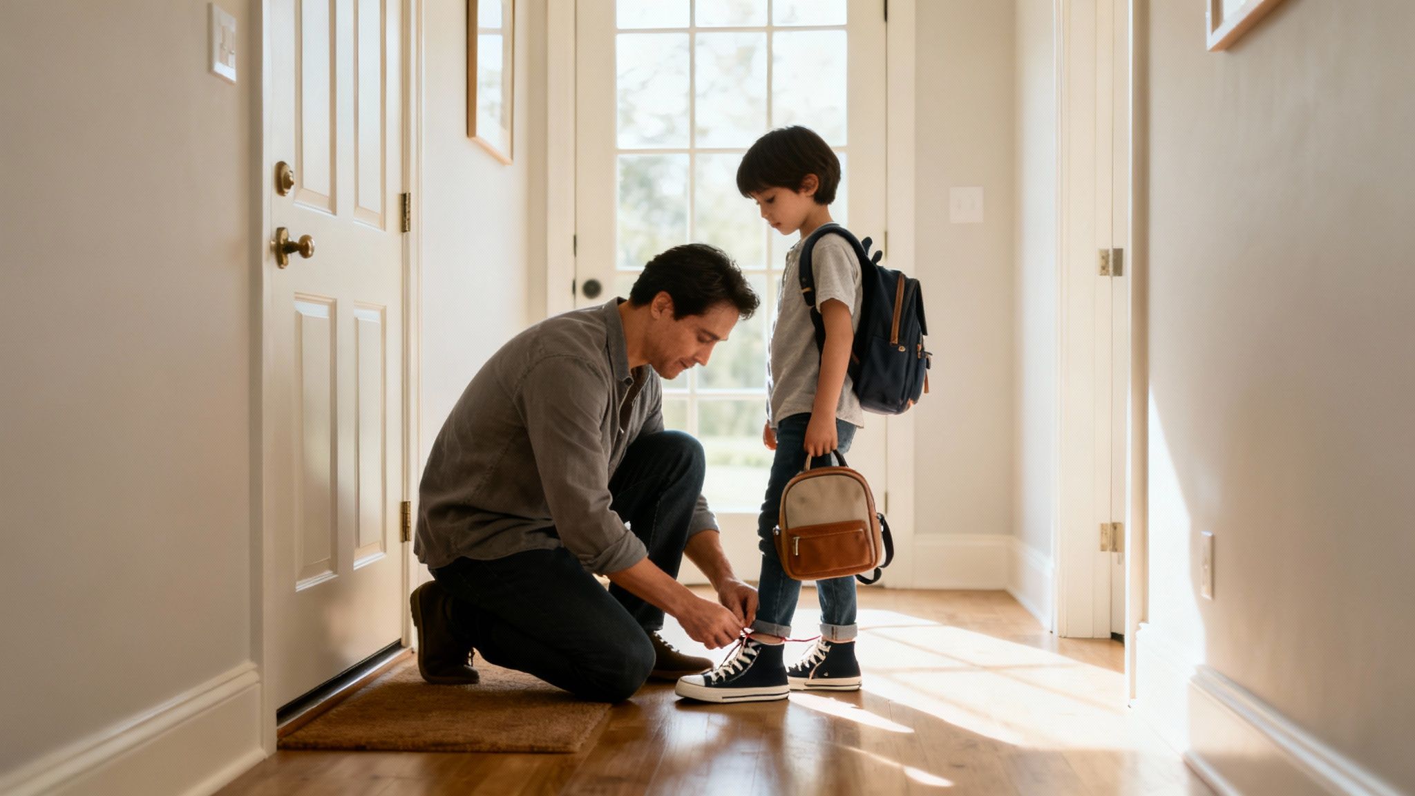 A caring father kneels to tie his son's shoelaces in a sunlit home hallway, preparing for school.