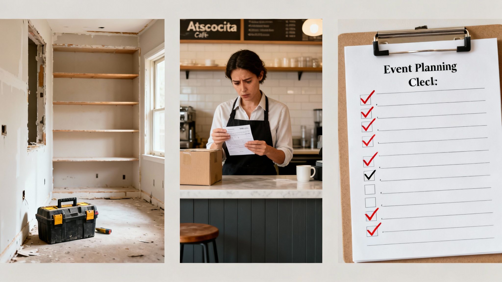 Three panels show a room under renovation, a cafe worker with a document, and an event planning checklist.
