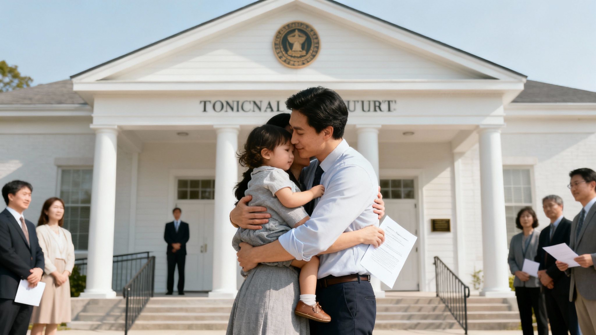A happy family stands together with a judge in a courtroom after an adoption finalization hearing.