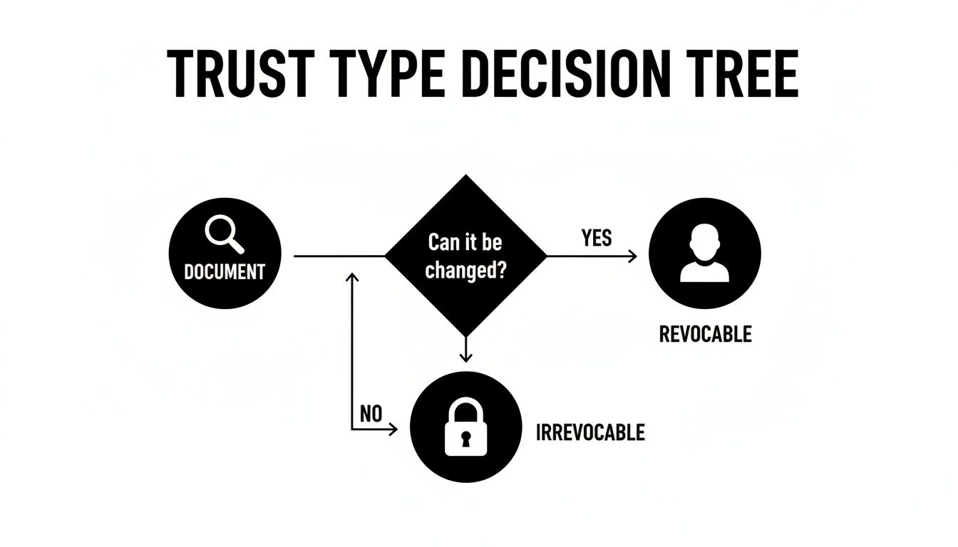 Decision tree diagram illustrating how to determine if a trust is revocable or irrevocable based on changeability.