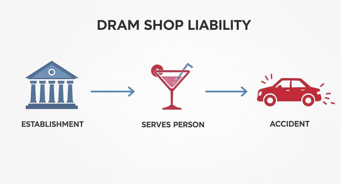 An infographic showing the process of dram shop liability, from an establishment serving an intoxicated person to a resulting car accident.