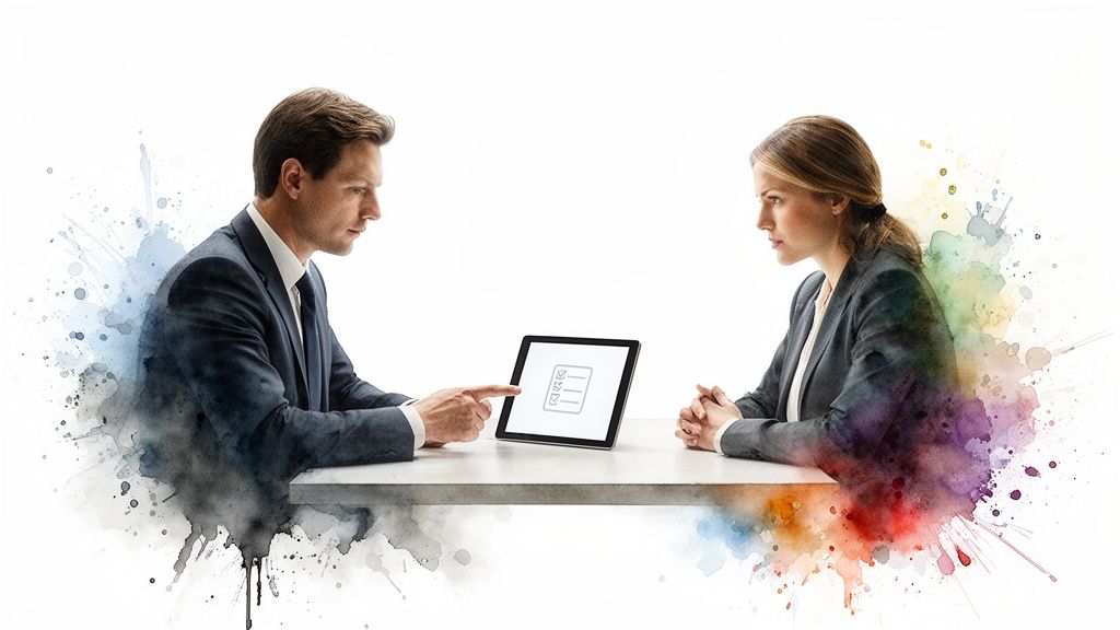 Two business professionals discussing a checklist on a tablet, with artistic watercolor effects.
