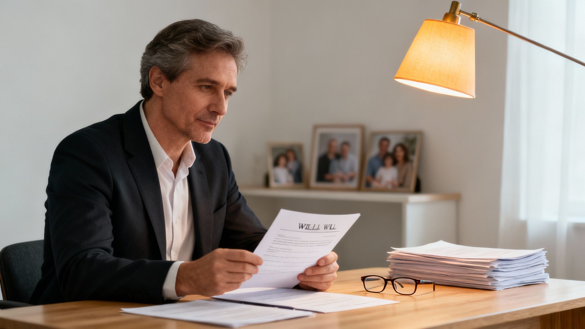 Mature man in a suit carefully reviewing a will document at a wooden desk.