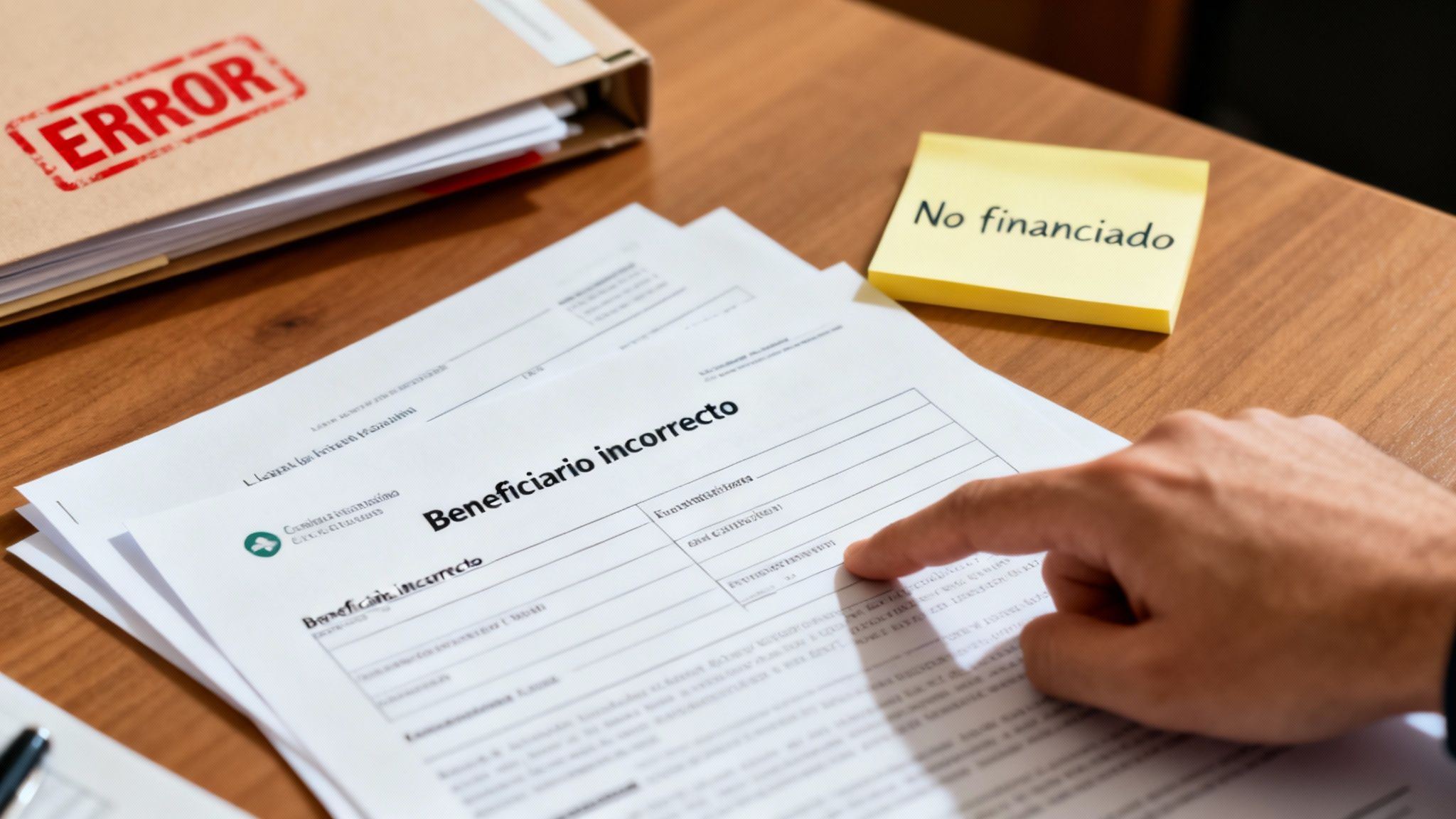Mano señalando un documento de 'Beneficiario incorrecto', con una carpeta de 'ERROR' y nota 'No financiado'.